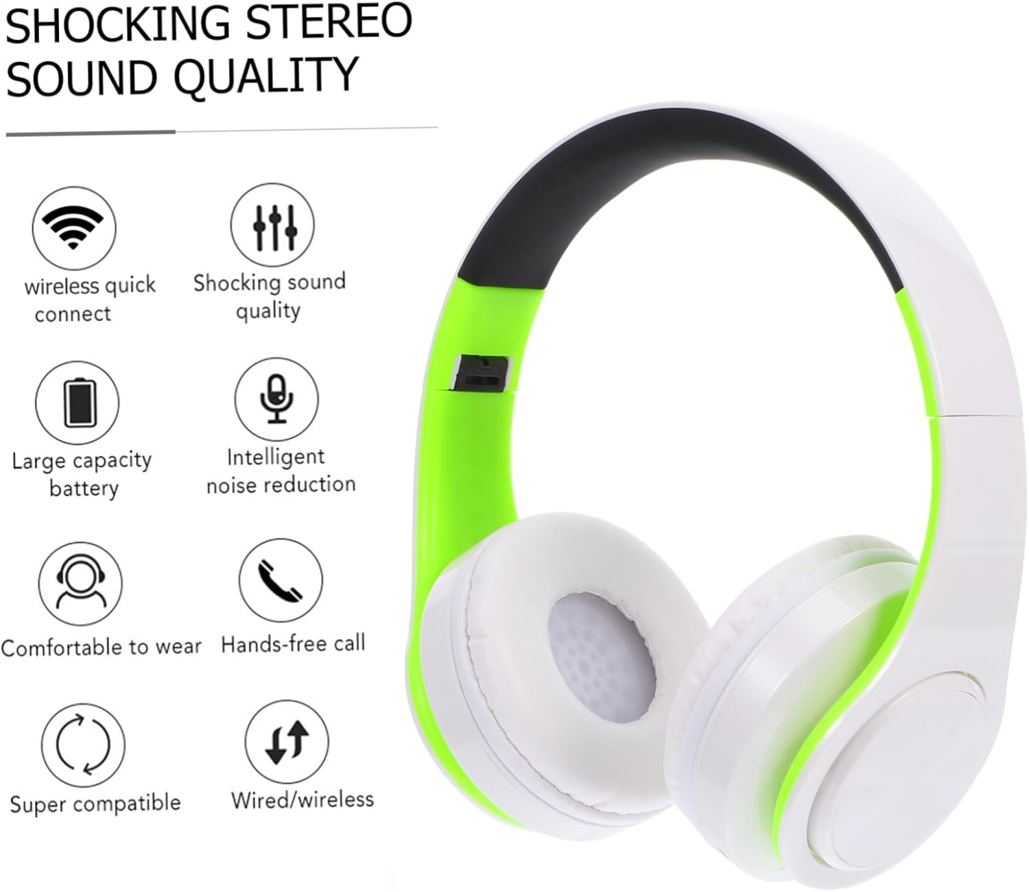 VERDANVERSE Wireless Over-Ear Headphones Foldable Wireless Headset with Microphone for Phone and Pc, Green White Lightweight Design Suitable for Office and Sports Use image number 6