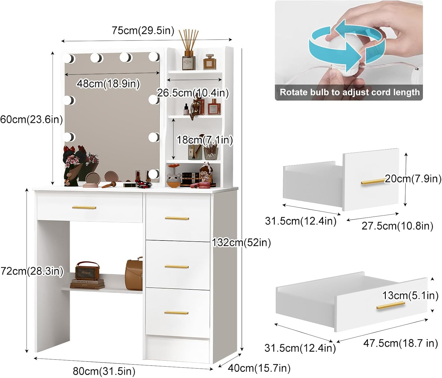 Makeup Vanity Desk with Lights, White Dressing Table with Sliding Lighted Mirror, Small Vanities Makeup Table with Storage 4 Drawers 7 Shelves, Teen Girls Vanity for Bedroom, Golden Knobs