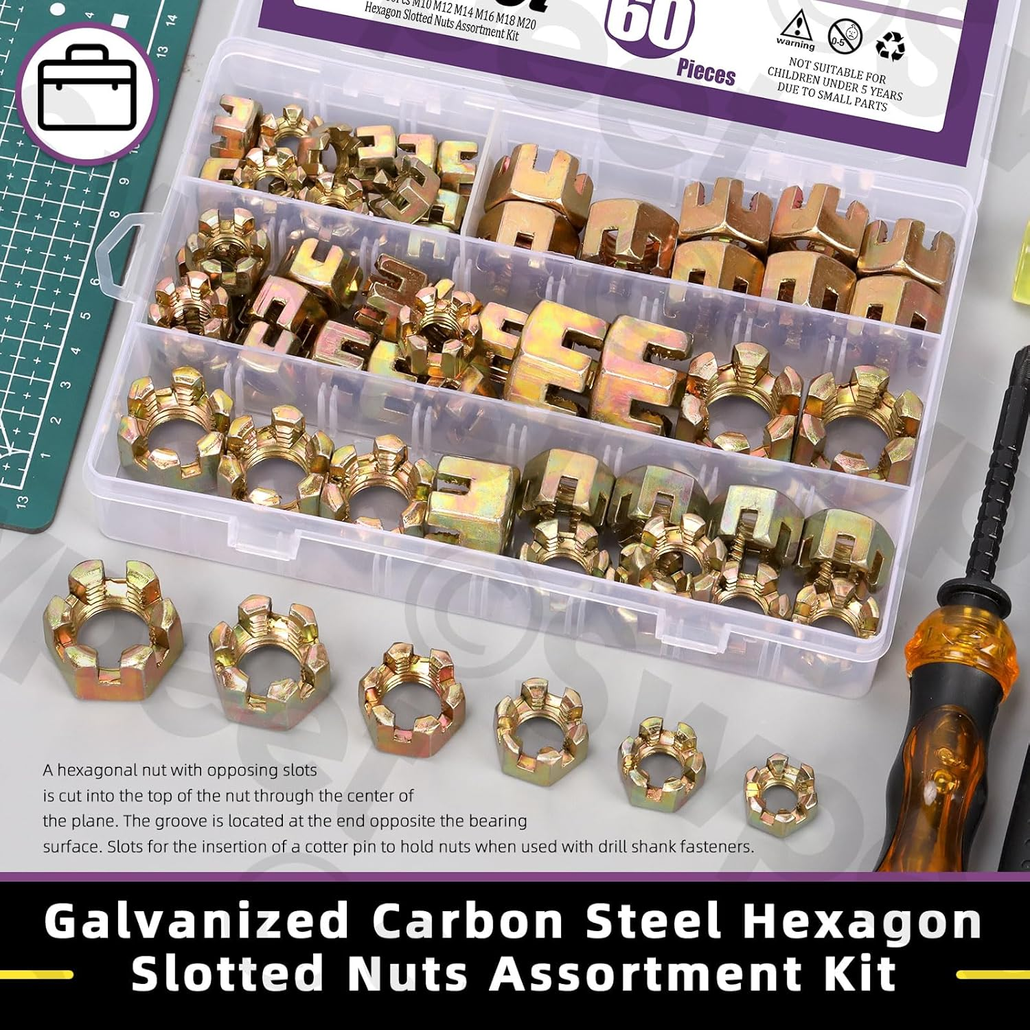 Swpeet 60Pcs 6 Sizes Color Zinc Grade 4.8 Carbon Steel M10 M12 M14 M16 M18 Hexagon Slotted Nuts Assortment Kit, Hex Castle Nuts Hex Nuts for Moto Car Furniture Fasteners Repair image number 5