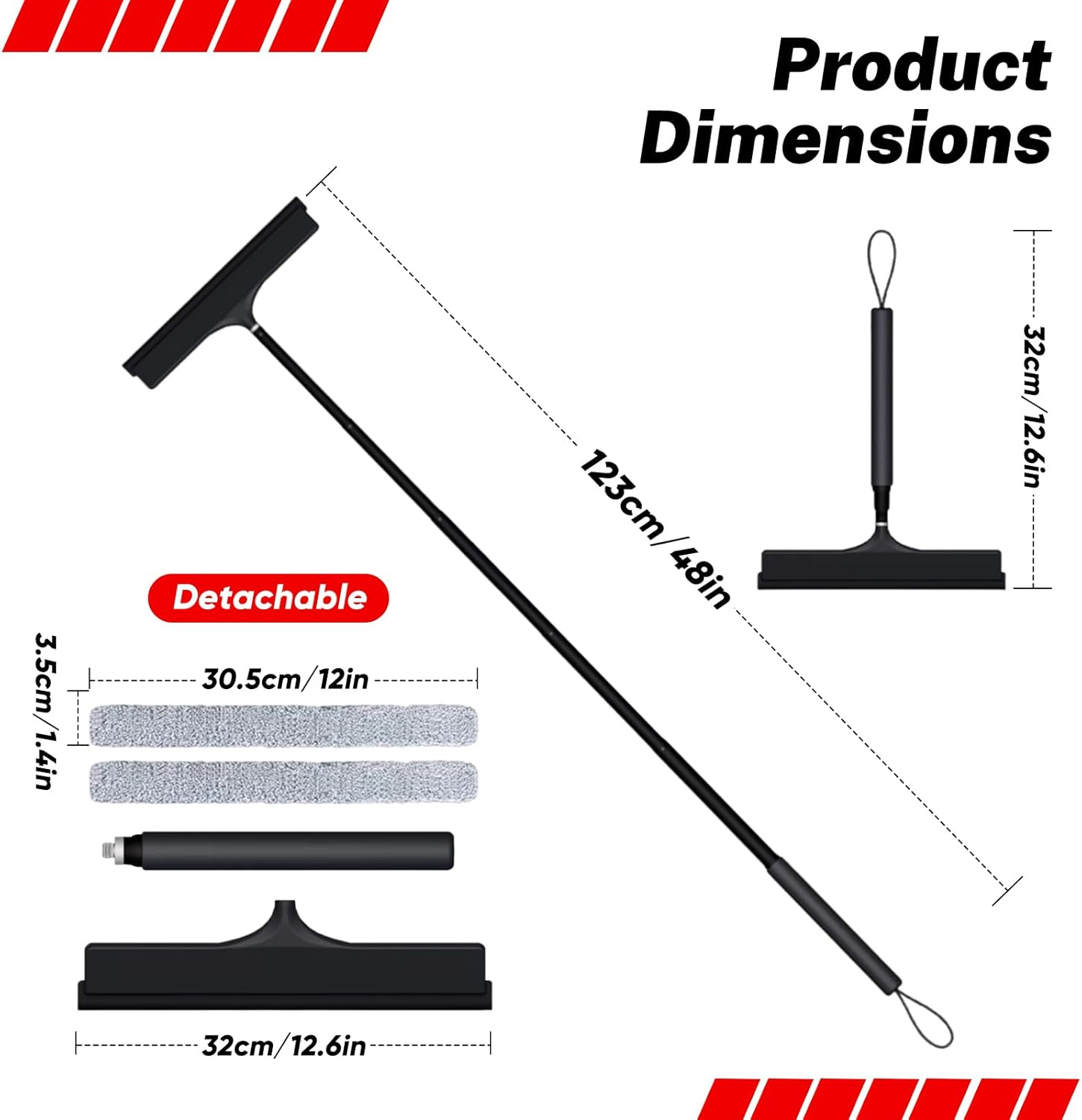 Mannicix Shower Squeegee Long Handle, Squeegee Shower Black, Squeegee Base with Holder, Extendable Shower Squeegee Long Handle 33-123 Cm for Shower, Bathroom, Mirror, Glass Cleaning image number 2