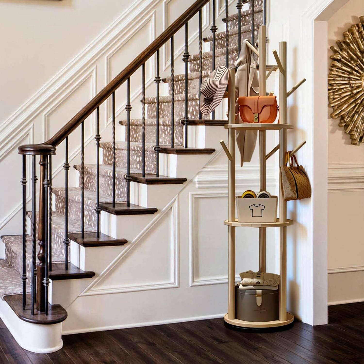 Uandhome Wood Rotary Coat Rack, Freestanding Coat Rack with 3 Shelves and 9 Hooks, Coat Tree for Bedroom, Entryway, Livingroom, Coat Hanger Stand for Coats, Scarves, Handbags (Wood) image number 6