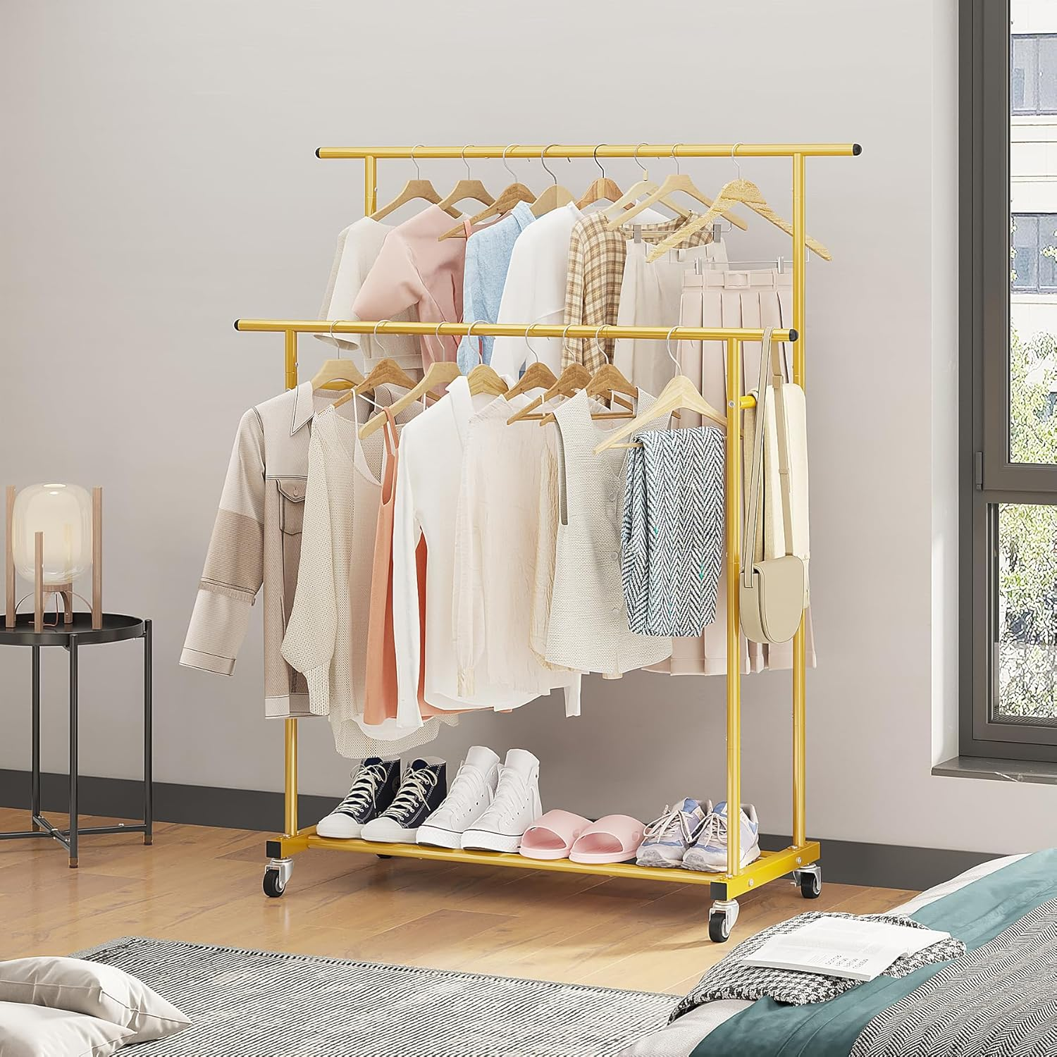Calmootey Double Rod Clothing Garment Rack,Rolling Hanging Clothes Rack,Portable Clothes Organizer for Bedroom,Living Room,Clothing Store,Gold - Black image number 3