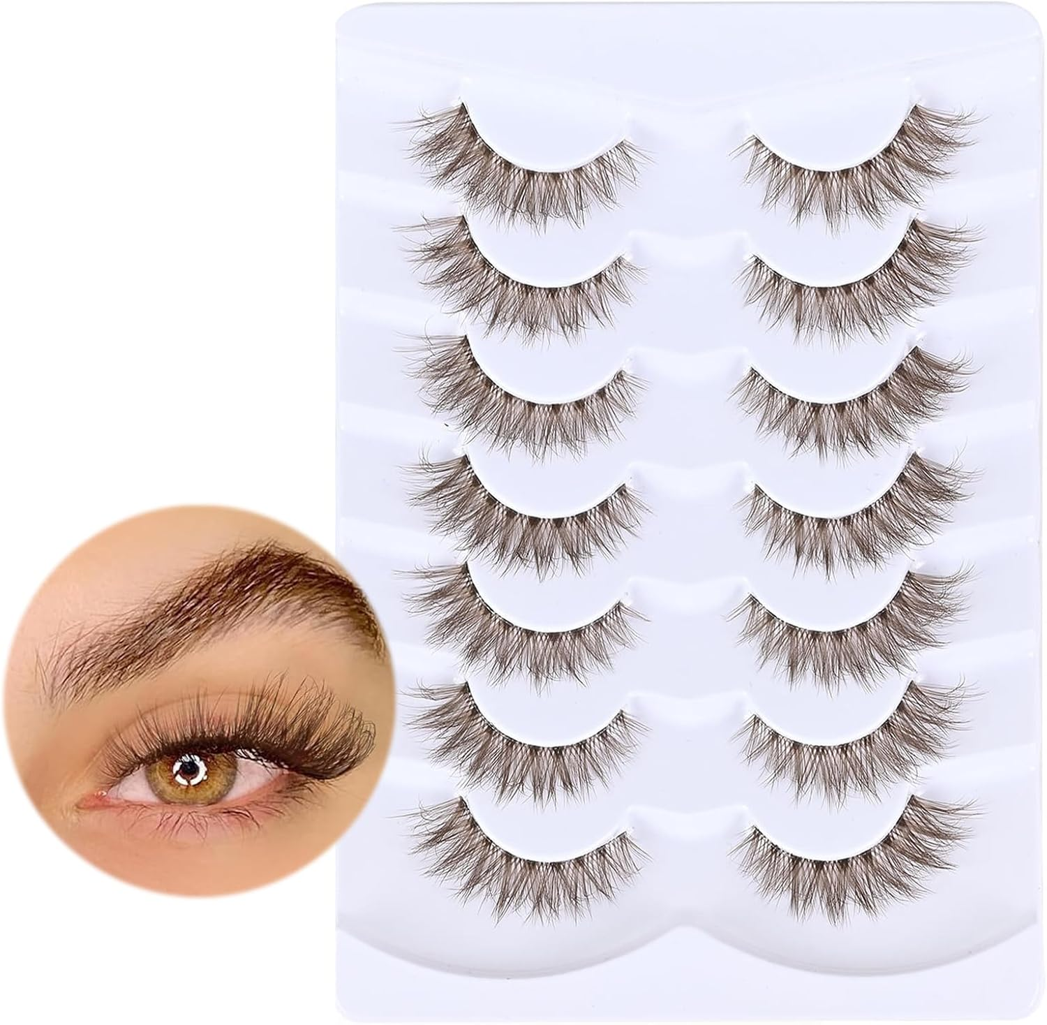 7 Pairs Natural Soft Eyelashes, Brown Curl Cat Eye Wispy, Clear Band Fluffy Strip Lashes, Fox Eye Long Volume Fake Eyelashes image number 2