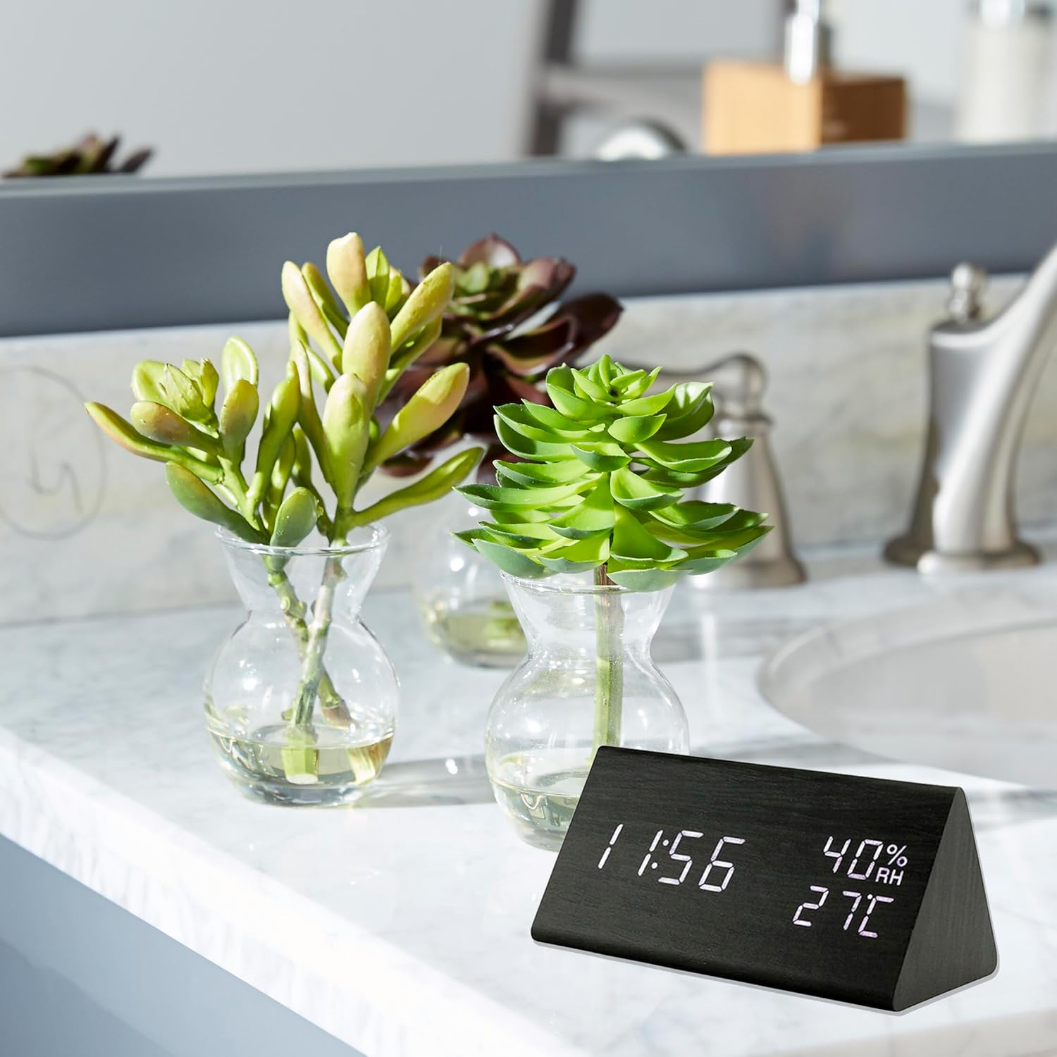 Lancoon Wooden Alarm Clock, Time Date Temperature and Humidity Display 12/24H Sound Activation 3 Alarm Settings Adjustable Brightness for Home Bedroom Office Travel image number 6