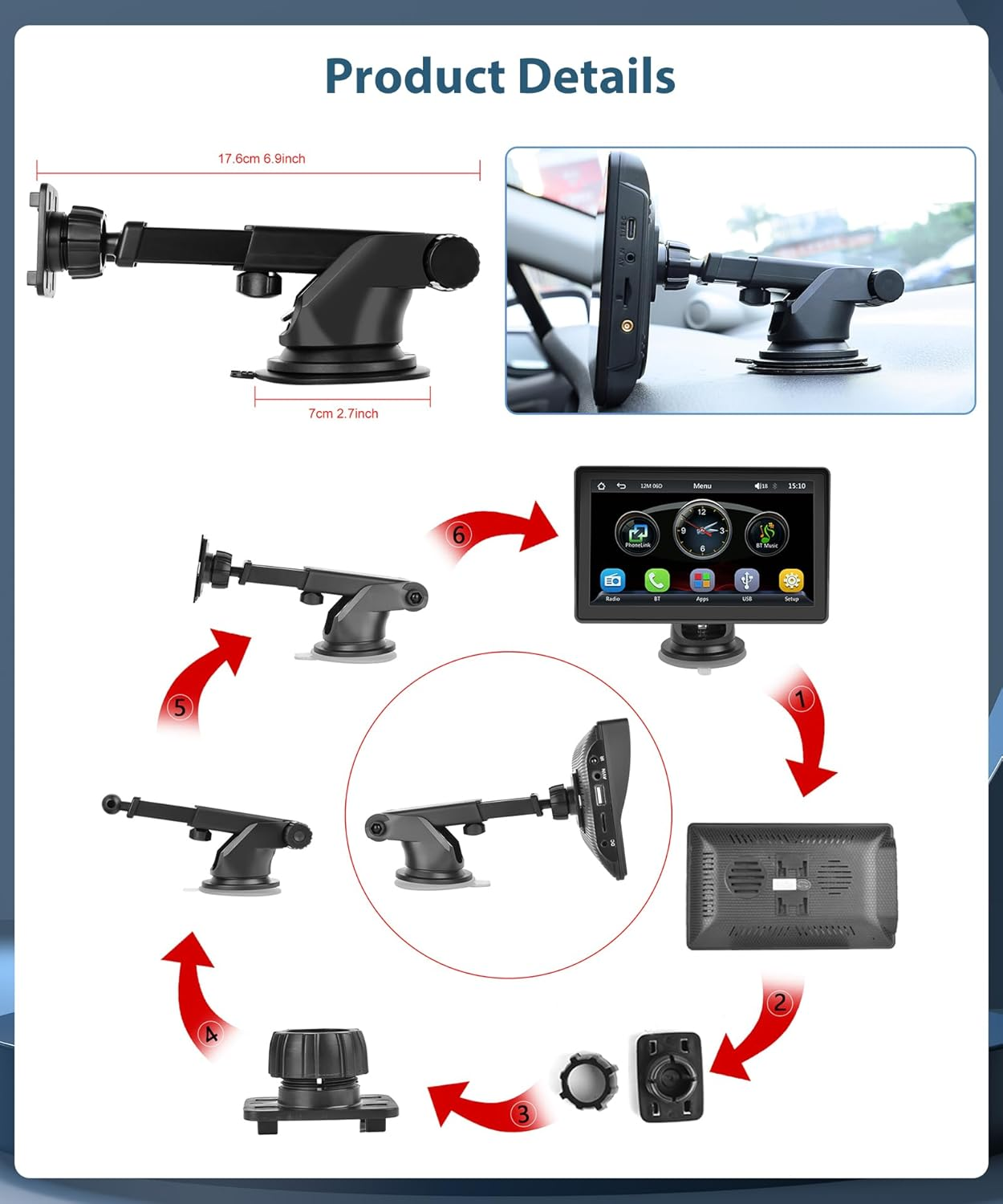 Wireless Carplay Screen Android Auto Portable Car Stereo Screen 7'' Touch Screen Portable Car Radio Wireless FM Transmitter GPS Navigation,Mirror Link,Voice Control, Bluetooth image number 2