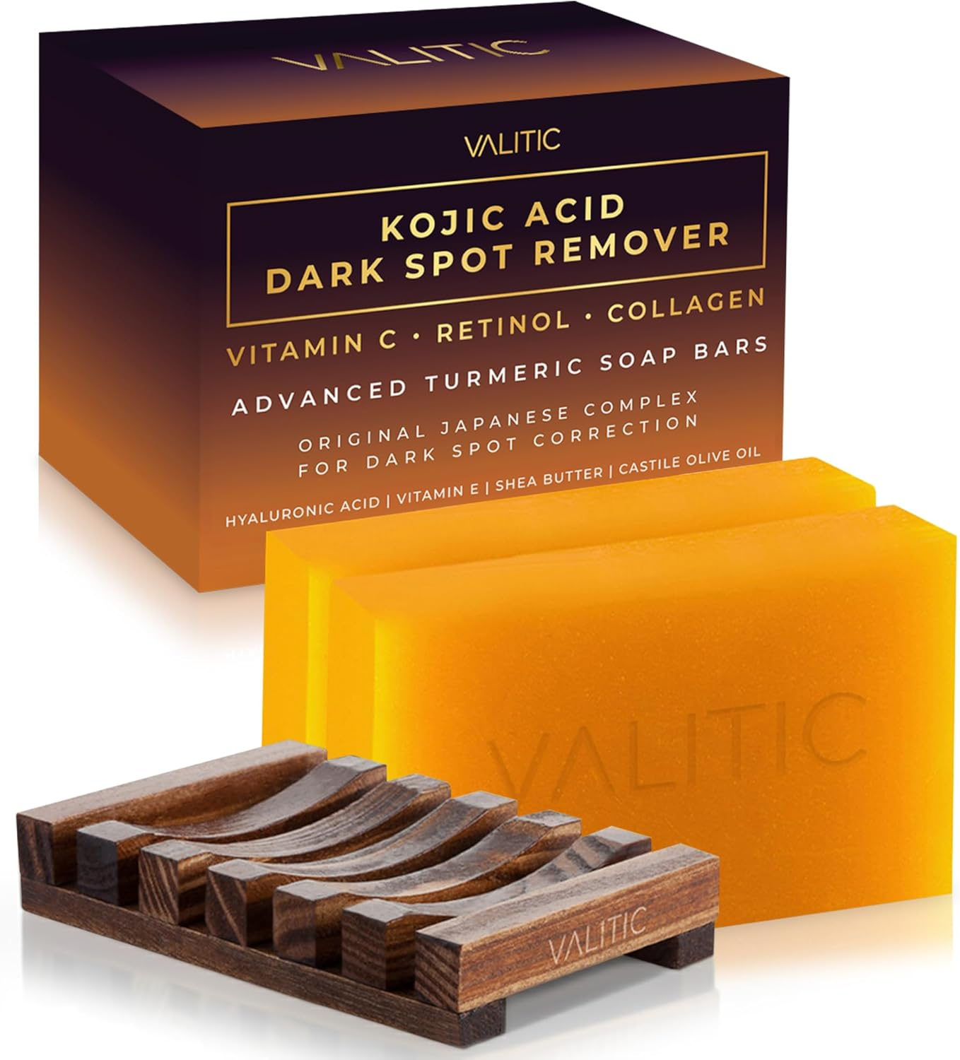 VALITIC Kojic Acid Dark Spot Remover Soap Bar with Vitamin C,Retinol,Collagen,Turmeric - Original Japanese Complex Hyaluronic Acid,E,Shea Butter,Castile Oil (2 Pack) with Holder,Pack of 3,3.5 Ounces image number 5