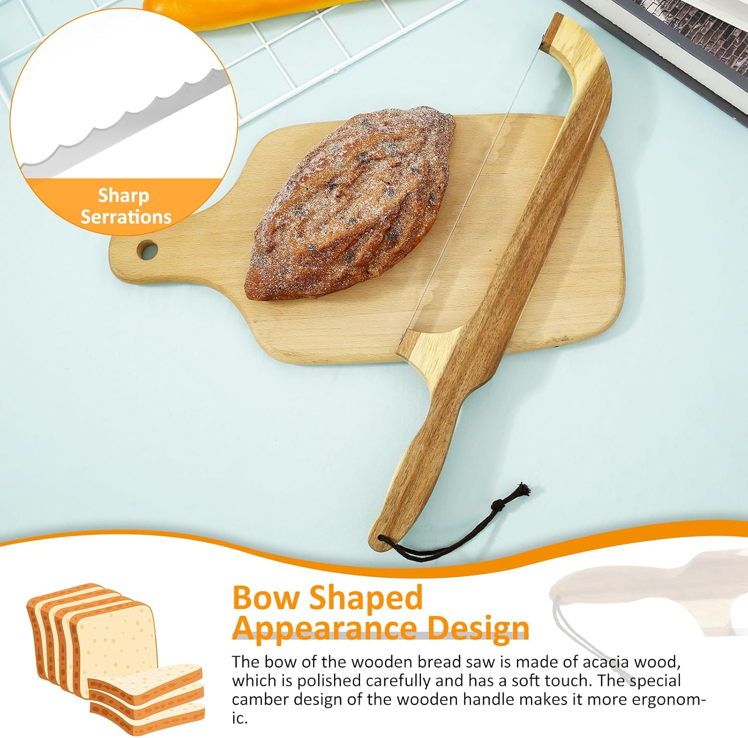 Sourdough Slicer Knife, Bread Bow Slicer, Stainless Steel Bread Cutting Tool, Food Grade Bread Slicer with 2 Spare Blade + 2 Knife Guards for Sourdough Loaf Baguettes Bagels image number 5