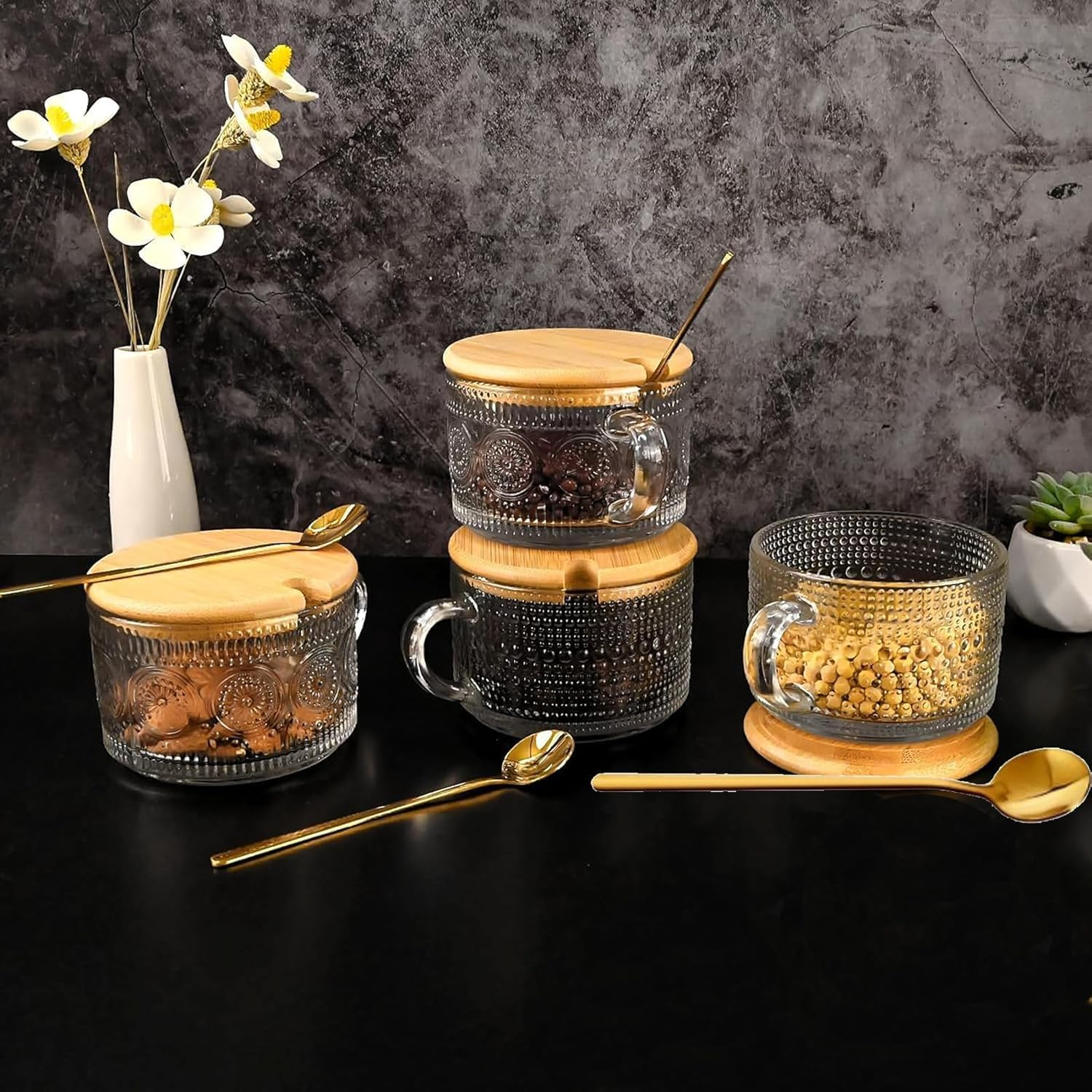 4 Pcs Vintage Coffee Mugs - 450ML Clear Glass Tea Cups with Lids and Spoons - Ideal Iced Coffee Cups for Housewarming Gifts & Coffee Bar Accessories image number 2