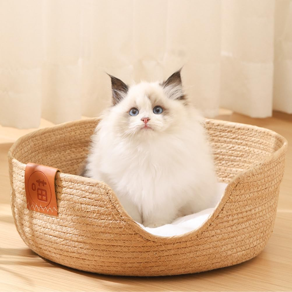 Cat Beds for Indoor Cats :Bed Cat Sleeping Nest for Indoor Small Cats Kitten round Straw Woven Cat Bed with Removable Pad Semi-Enclosed Breathable Basket