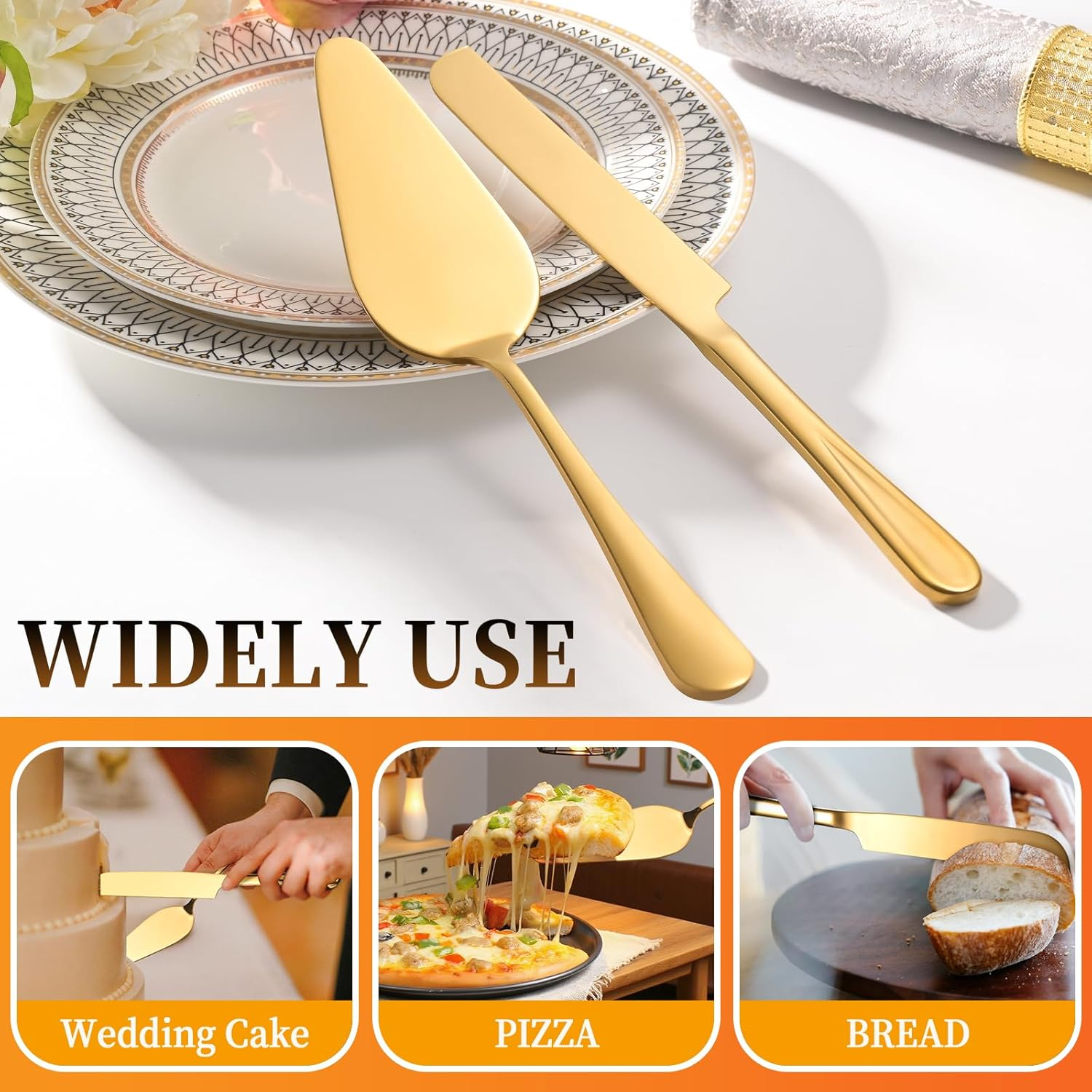 ERVILO Cake Cutting Set for Wedding, Pie Server, Stainless Steel Wedding Cake Knife and Server Set, Golden Cake Cutter for Birthday, Parties and Events (Gold Serving Set) - Black Serving Set image number 4