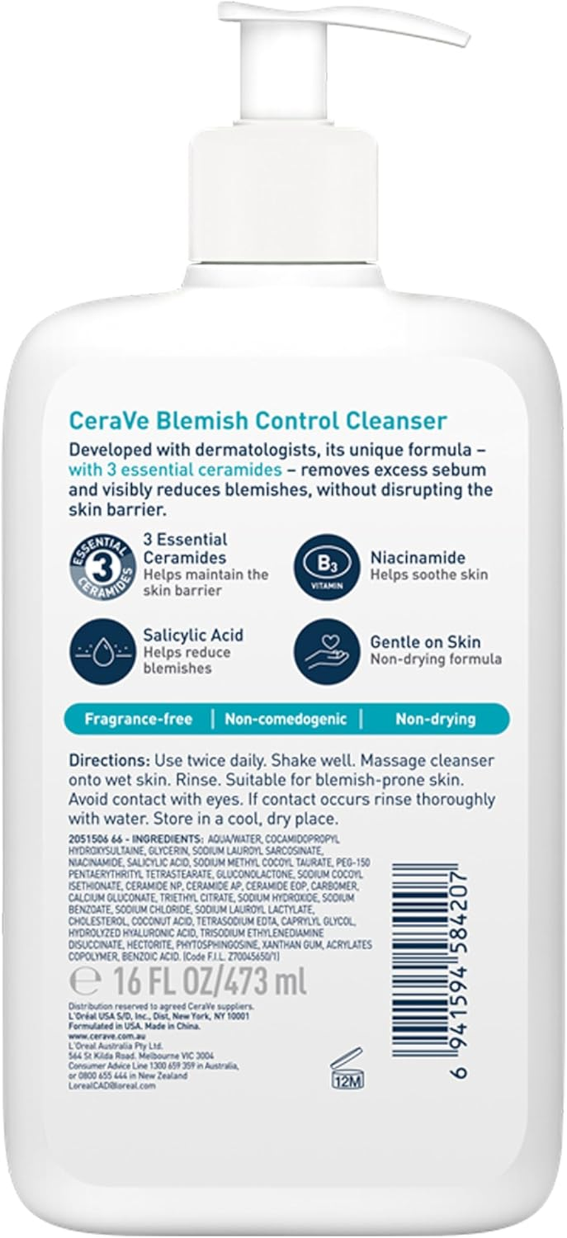 Cerave Blemish Control Cleanser Gel Face Wash 473Ml, for Blackheads, Blocked Pores & Acne-Prone Skin, 2% Salicylic Acid + Niacinamide + Purifying Clay + Ceramides, Lightweight + Oil-Absorbing image number 1