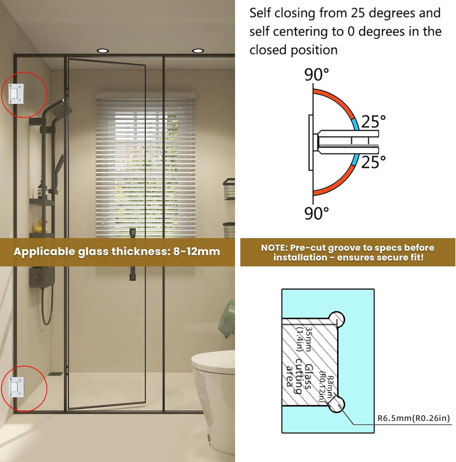 Alise Glass Shower Door Hinges,90 Degree Shower Door Hinges for Bathroom Doors,Heavy Duty Stainless Steel Wall to Glass Frameless Shower Doors Hardware Replacement Part,Polished Chrome (1P) - Polished Chrome image number 4