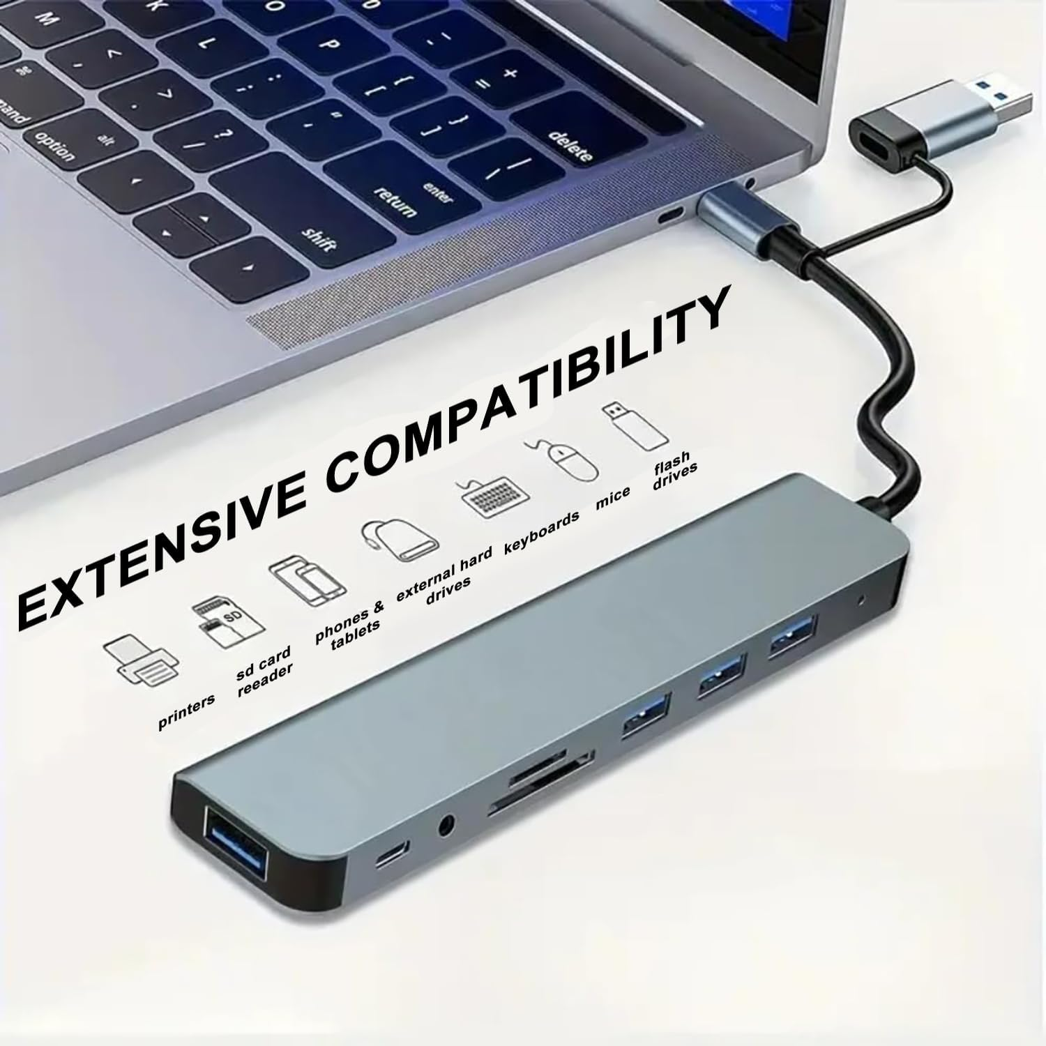 USB C Hub USB Hub 3.0, Aluminum 8 in 1 USB Extender with SD/TF Card Reader, 3.5Mm Aux Headphone Jack for Macbook Pro Air and More Pc/Laptop/Tablet Devices image number 2