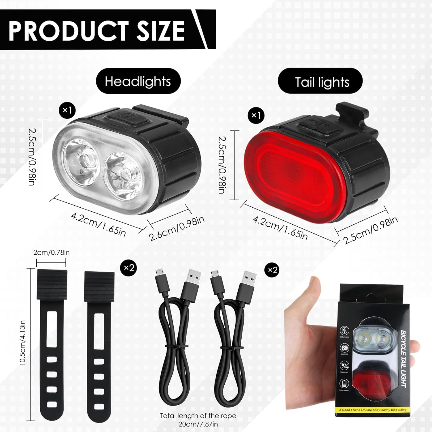 USB Rechargeable Bike Lights Set - 200LM Front & 50LM Rear Safety Lights, Waterproof Type-C Fast Charging for Mtb/Road Bikes (Compact ABS Design) image number 2