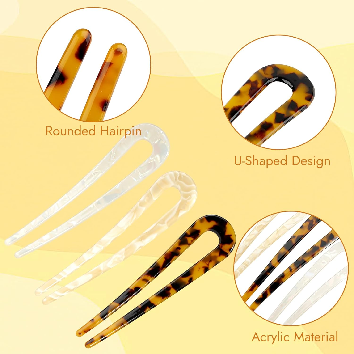 French Hair Pin 3 Pieces, U Shaped Hairpin, Acrylic Hair Pins, Large, 2 Prong Hairpin Updo for Women, Girls, Women image number 1