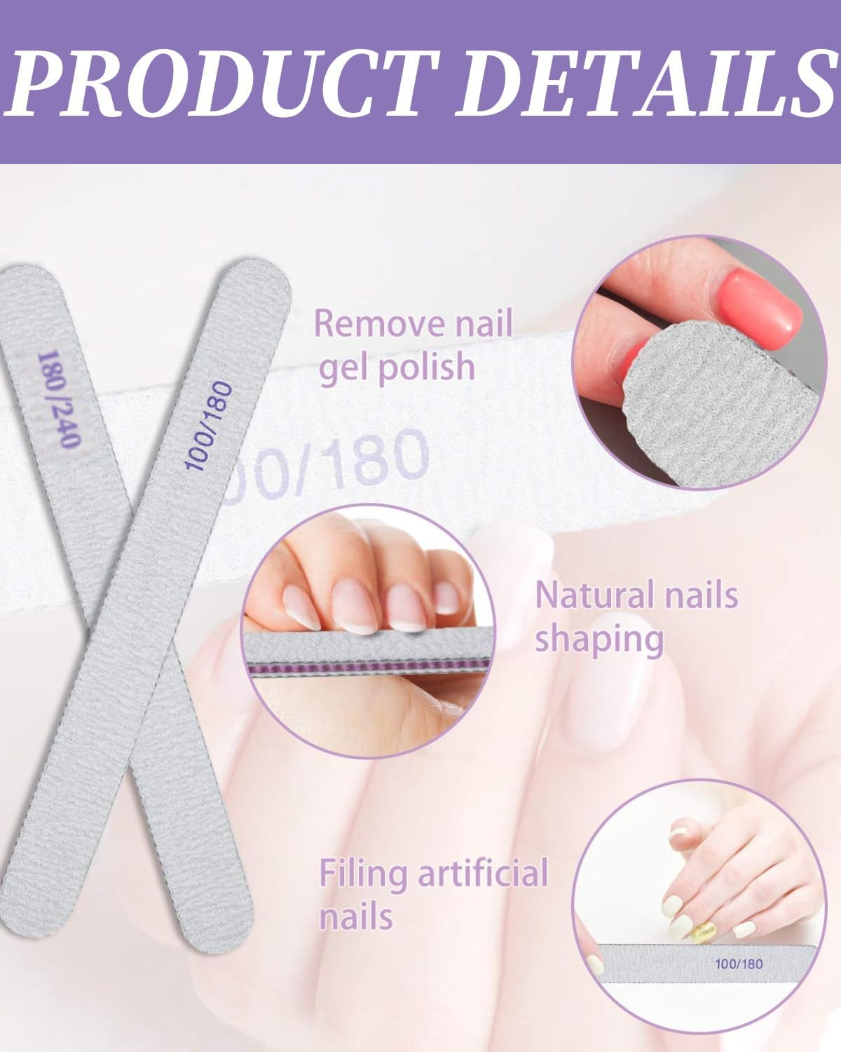 MYGLOAR Set of 10 Professional Nail Files, Nail File Pads, Double Sided 100/180 and 180/240 (4 Grits), Nail Blocks, White Buffing Block, Washable Nail File Double Sided image number 2