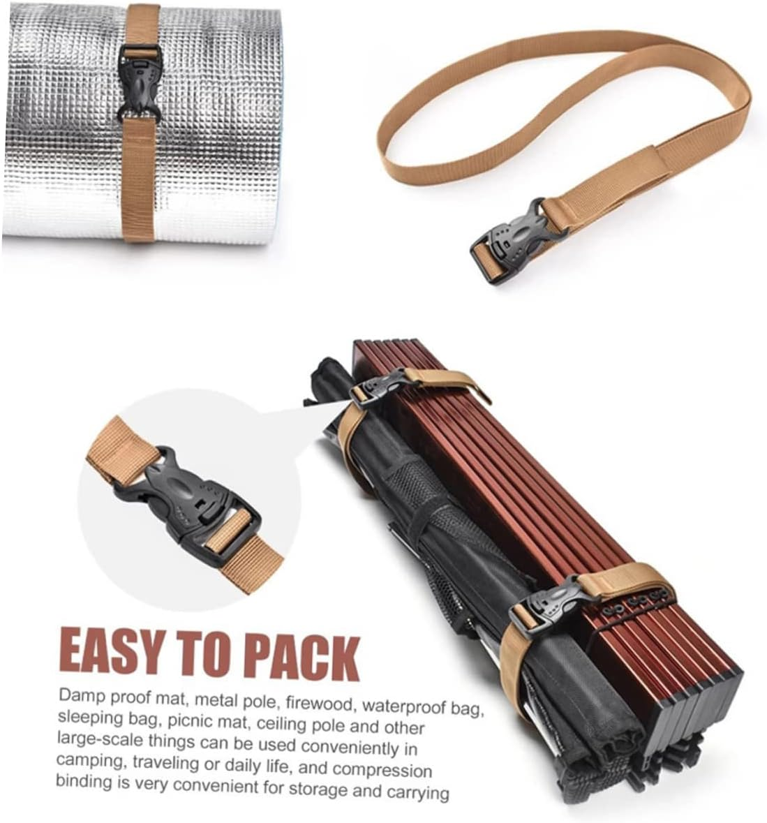 KOMBIUDA 3Pcs Buckle Strap Ratchet Tie down Straps Luggage Bind Strap Buckle Design Canopy Storage Tie Picnic Mat Travel Storage Nylon Cam image number 6