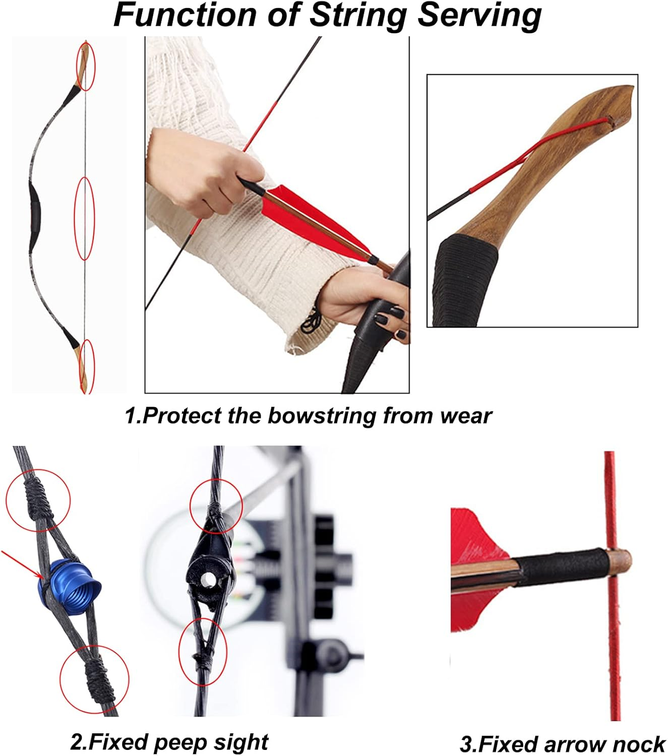 SOPOGER Archery Bow String Serving Thread 131 Yard Bow Serving String Material Durable Nylon Peep Sight Nock Bowstring Thread for Compound/Recurve Bow (White-Black) - Black image number 4