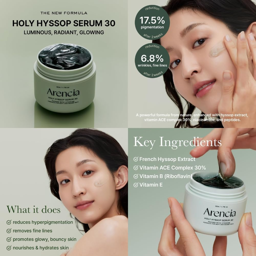 Holy Hyssop Glow Sheet Masks (5Pcs) & Serum 30 (50G) Set - Glass Skin Duo, Vitamin ACE Complex, All Skin Types, Brightening and Anti-Aging, Face Care, Green Musk, French Hyssop, Gel-Cream. Korean Beauty Skin Care Promotion Set for Arencia