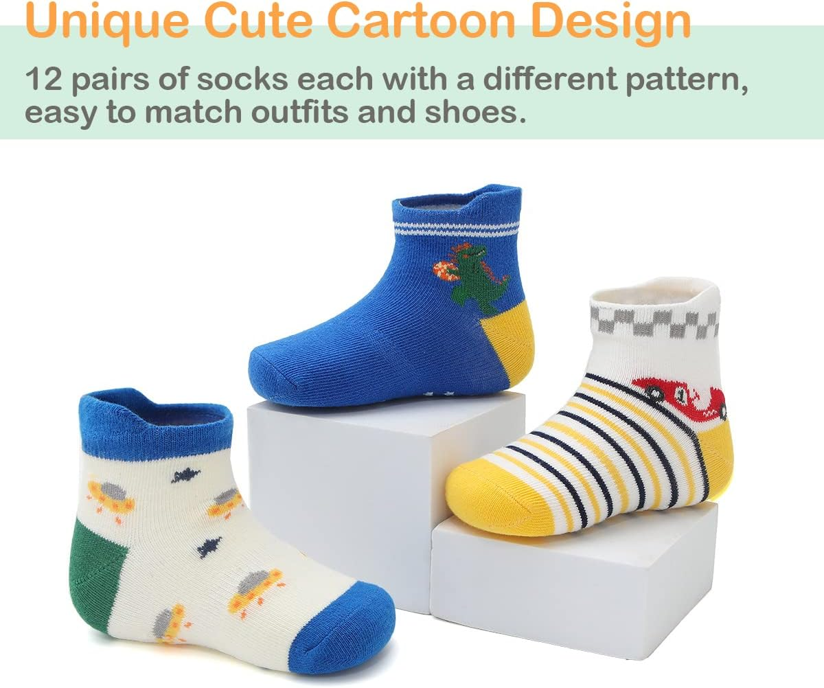 Baby Non Slip Grip Ankle Socks,12-Pack Cotton Crew Socks for 1-3/3-5 Years Old Infants Toddlers Kids Boys Girls Crawling Unisex Ankle Socks Non Skid Sole image number 4