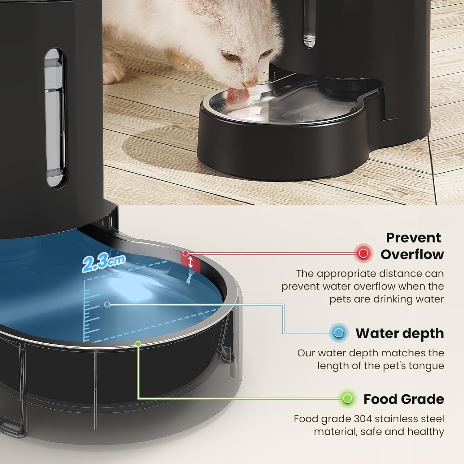 JUNSPOW Drinking Fountain for Cats with Stainless Steel Bowl 4 L, No Electricity & Ultra Silent Automatic Water Dispenser for Large Dogs/Multi-Cat Household, Black image number 7