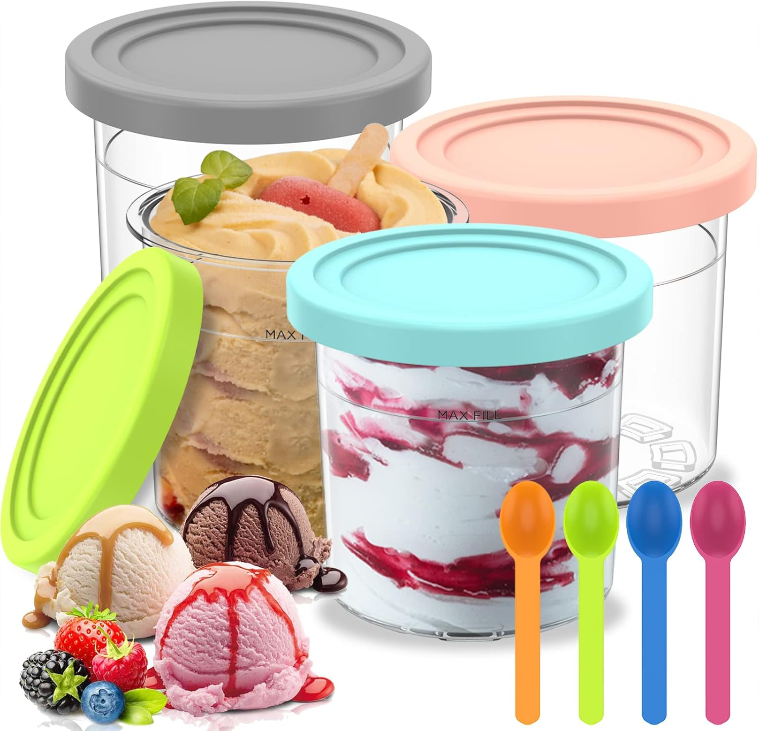 4 Pack Ice Cream Tubs for Ninja Creami 16Oz Stackable Pint Ice Cream Containers with Lid and Scoops Compatible with NC301/NC300/NC299AMZ/CN301CO Series Ice Cream Maker Container (Style 1) image number 2
