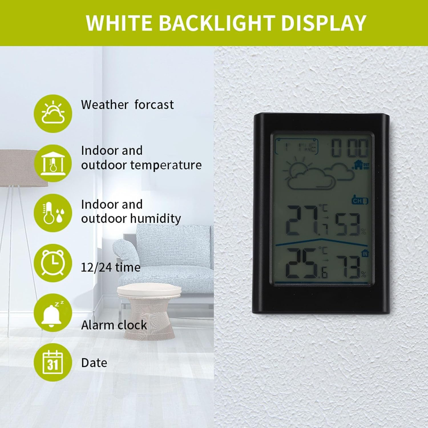 Zopsc Indoor Outdoor Digital Temperature Gauge, Digital Weather Thermometer with Wireless Alarm Clock Date for Outdoor Temperature and Daily High Low Records image number 1