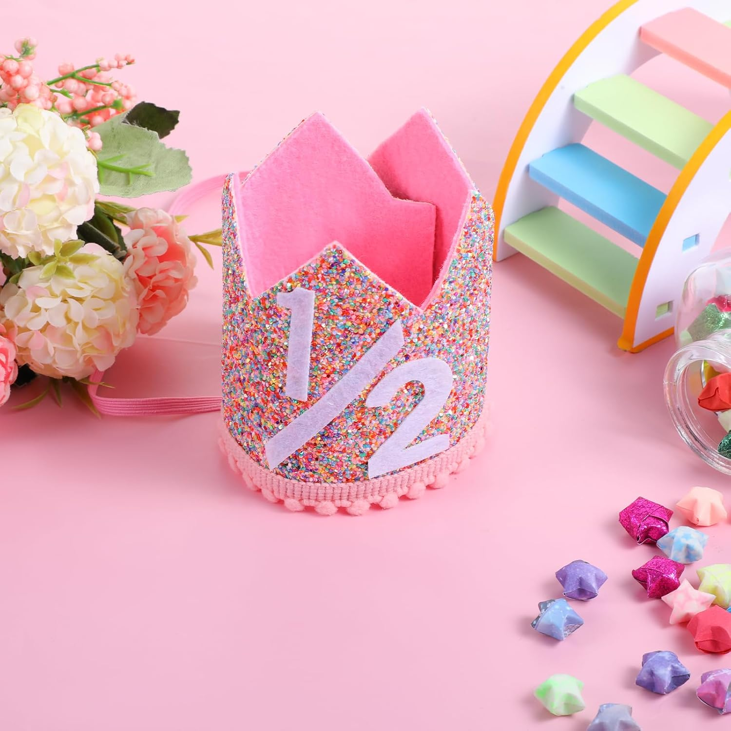 Pink 1/2 Birthday Crown, Half Birthday Hat with Glitter and Confetti for 1/2 Birthday Girl or Boy, Ages 0-2