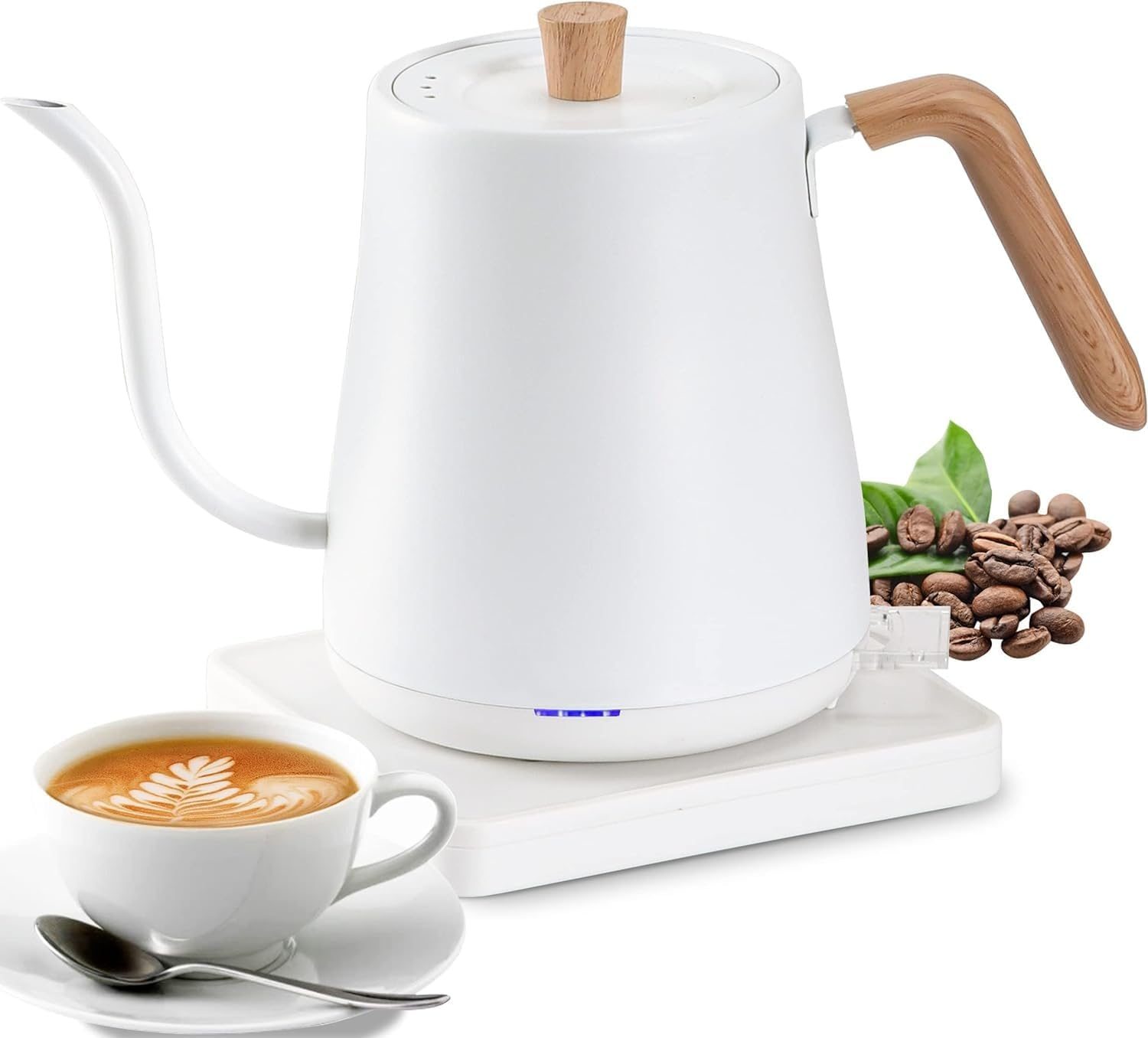 Gooseneck Electric Kettle 0.8L,304 Stainless Steel for Pour-Over Coffee & Tea, 1000W Rapid Heating, Leak-Proof Design, Auto Shutoff Anti-Dry Protection, Wood Handle (White)