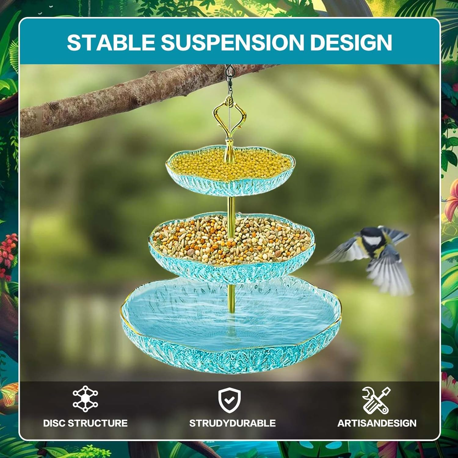 SUSOO 3-Tier Bird Feeder with Hook Hanging, Outdoor Wild Feeding Station for Stylish Garden,Yard, Pathway Landscape Decoration, Easy-Clean Small Animals Food Feeder for Bird Lovers Gift（42Cmx24Cm） image number 2