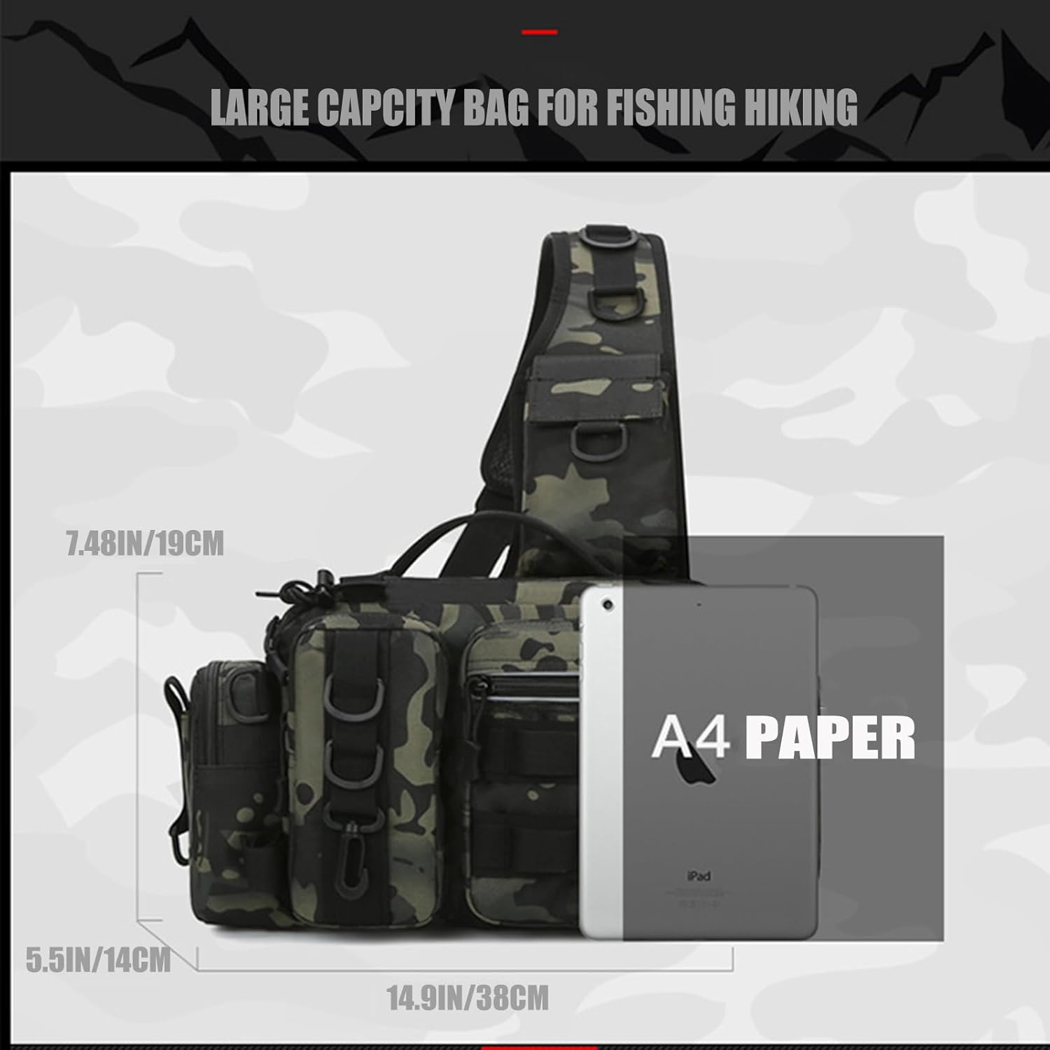 Fishing Tackle Storage Bag Fly Fishing Gear Pack Backpack for Men and Women Sling Bag Shoulder Cross Body Fishing Bag with Rod Holder Hiking Waterproof Nylon (Black) image number 4