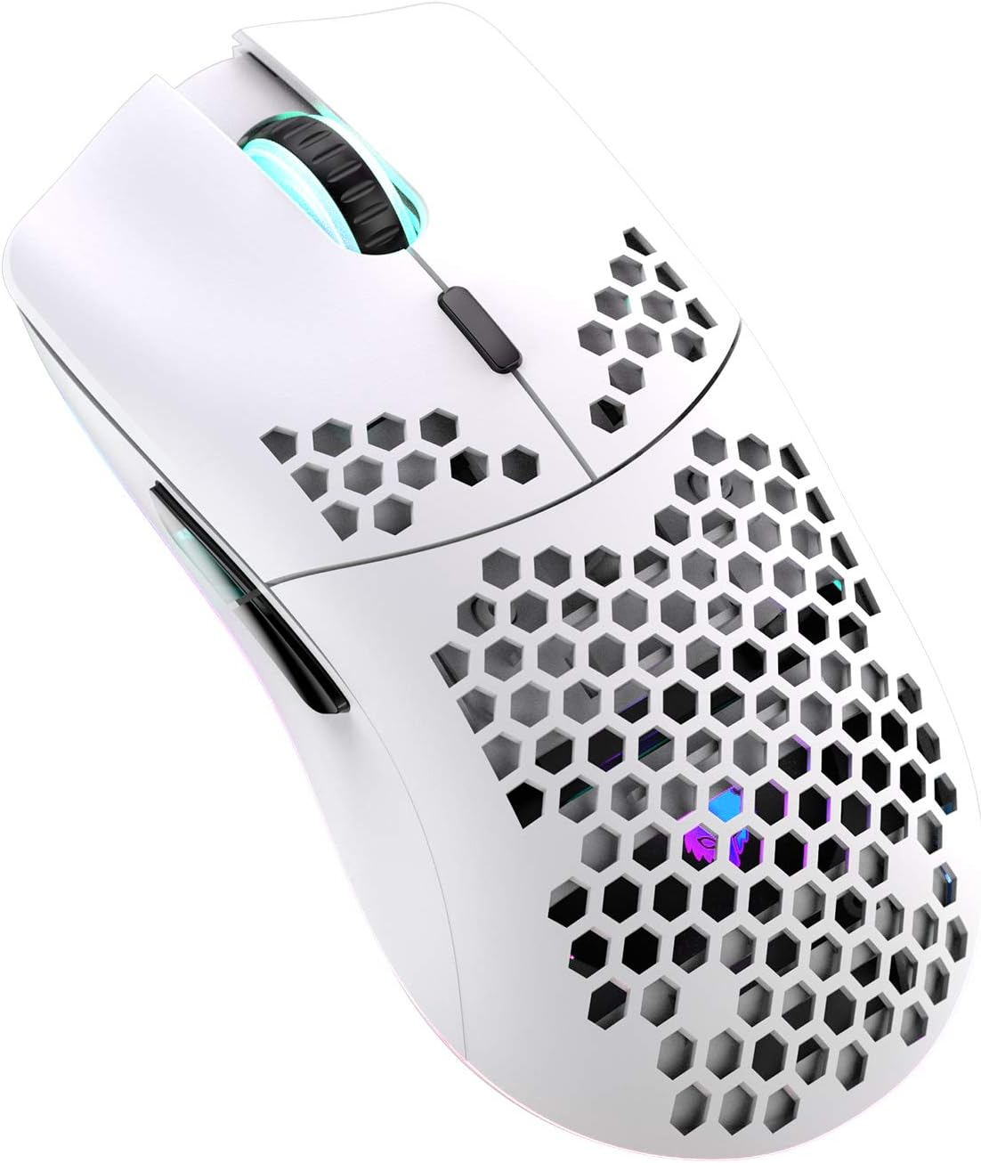 Lancoon Wireless Gaming Mouse, Hollow Carved Design, Colourful, Rechargeable, Durable, 2.4 G, 4 Adjustable 3200 DPI Levels, 7 Buttons, Optical Sensor for E-Sportb Work (White)