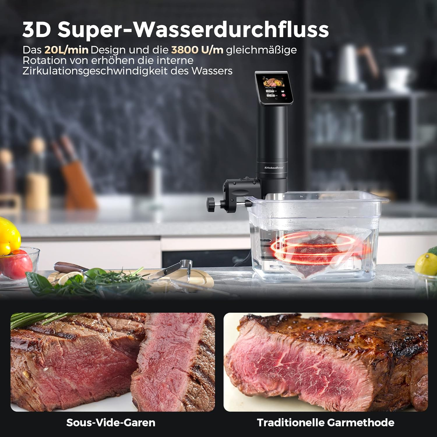 Kitchenboss Sous Vide Garer Stick WLAN: G330 Wifi Precision Cooker Precise Temperature Setting up to 90&deg;C IPX7 Waterproof TFT Touch Display Immersion Diving Ciculator 360&deg; Circulation with Timer image number 2