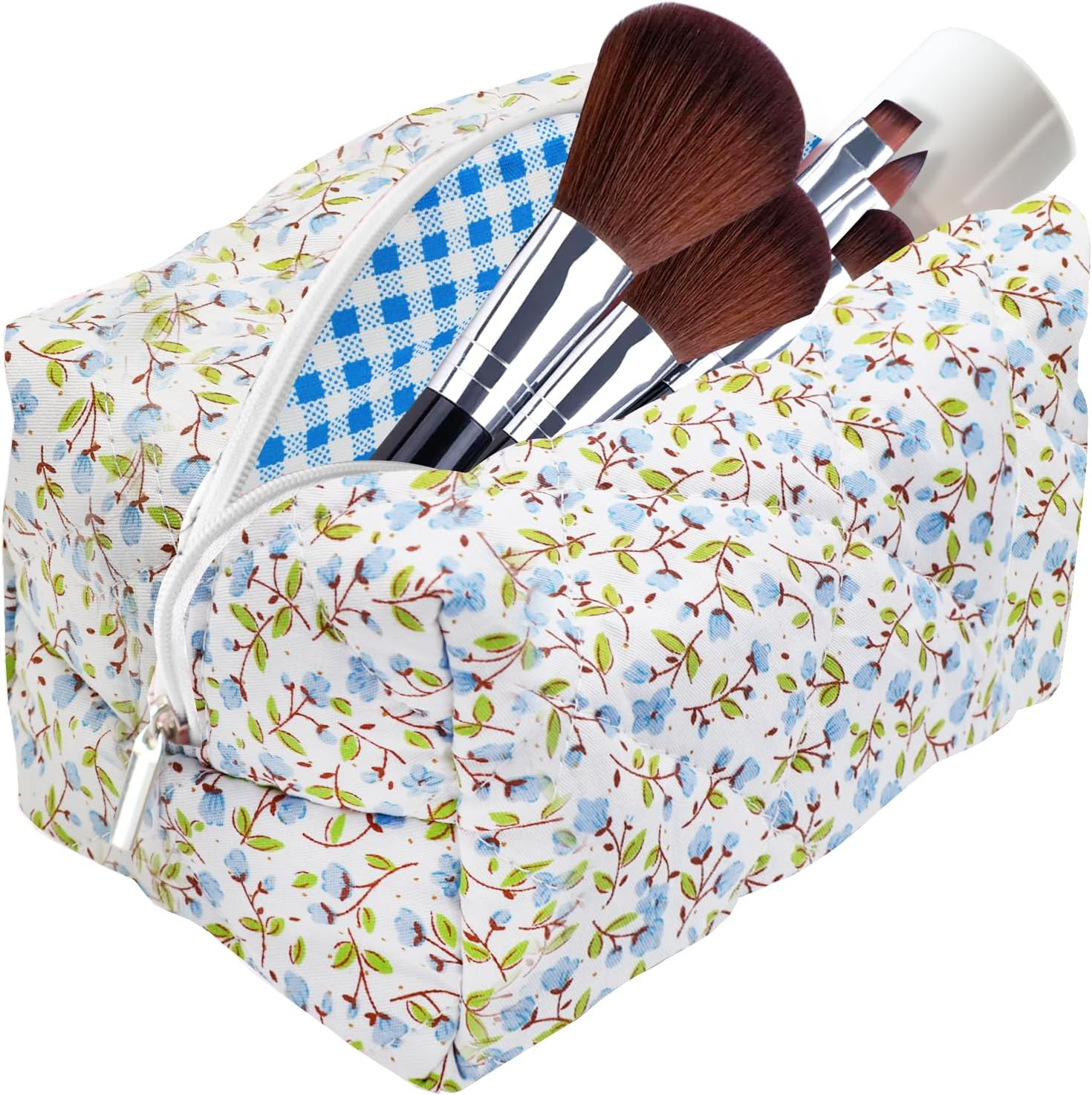 Cotton Quilted Makeup Bag, Cute Pouch Toiletry Bag Cosmetic Bag Quilted Floral Organizer Bag Travel Coquette Aesthetic Portable Storage Zipper Purse for Women, Blue, Cute