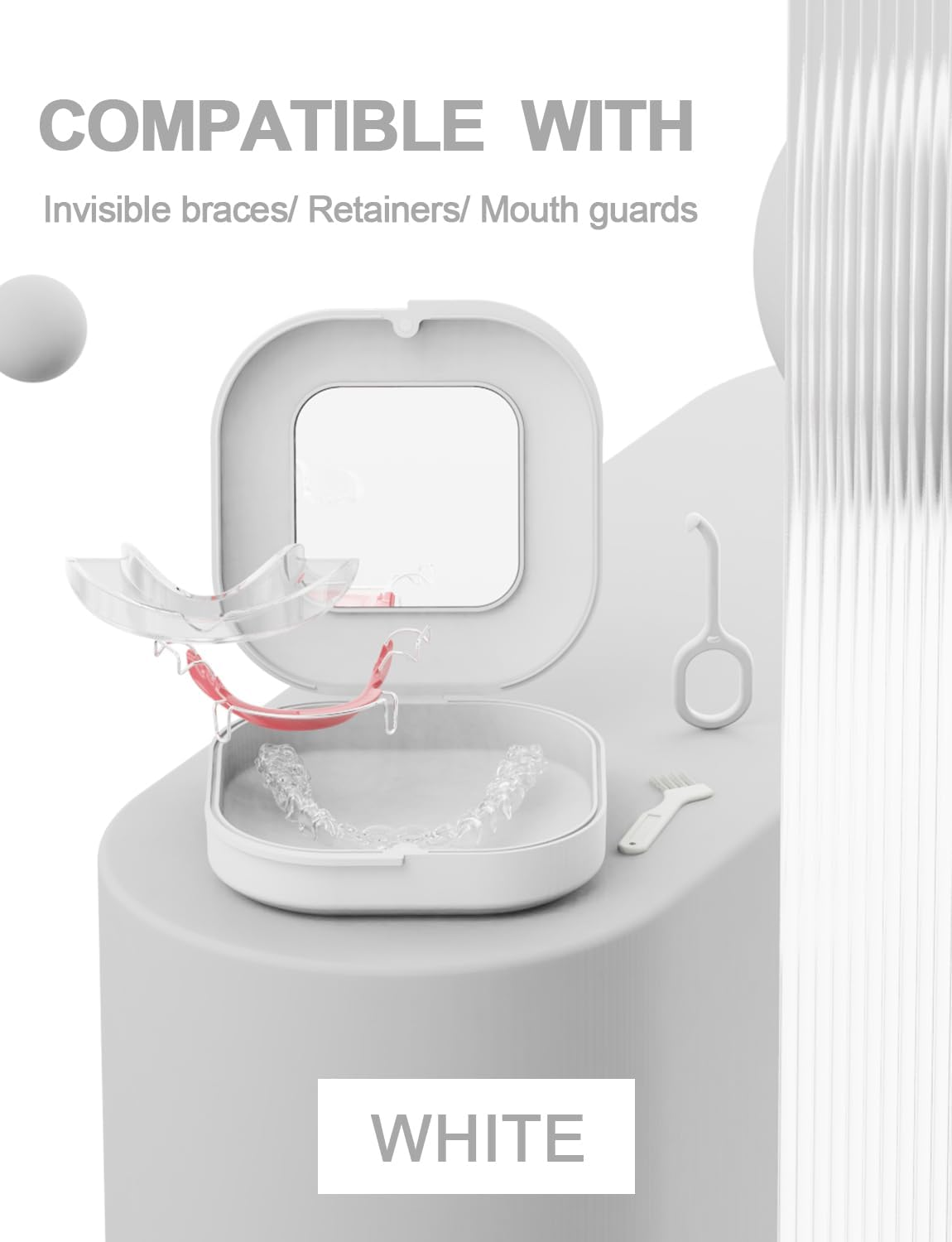 Retainer Case with Mirror, Slim Aligner Case with Vent Holes, Compatible with Invisalign, Mouth Guard Case, Cute Retainer Case with Retainer Removal Tool, Chewies and Brush, White