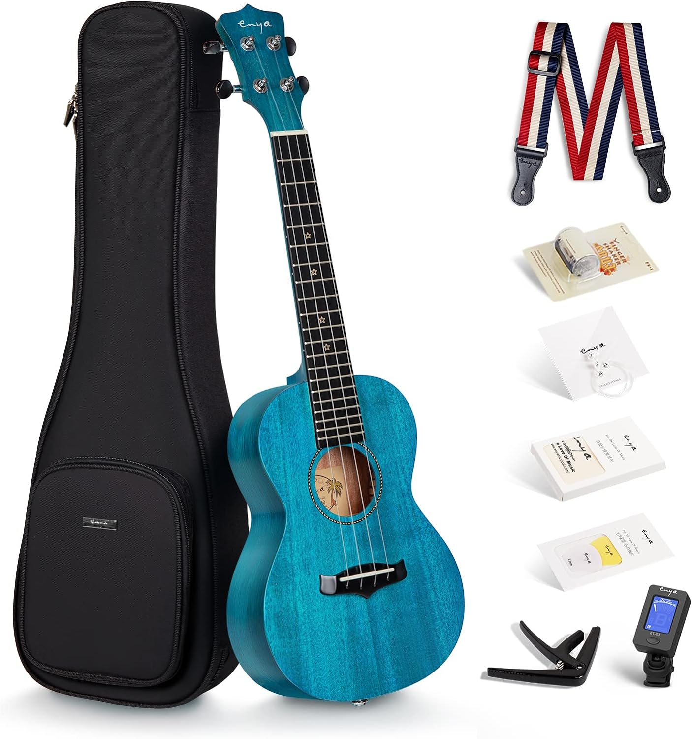 Enya Concert Ukulele 23 Inch Blue Solid Mahogany Top with Ukulele Starter Kit Includes Online Lessons, Tuner,Case, Strap, Strings, Capo, Sand Shaker, Pick,Polish Cloth (EUC-25D BU) image number 4