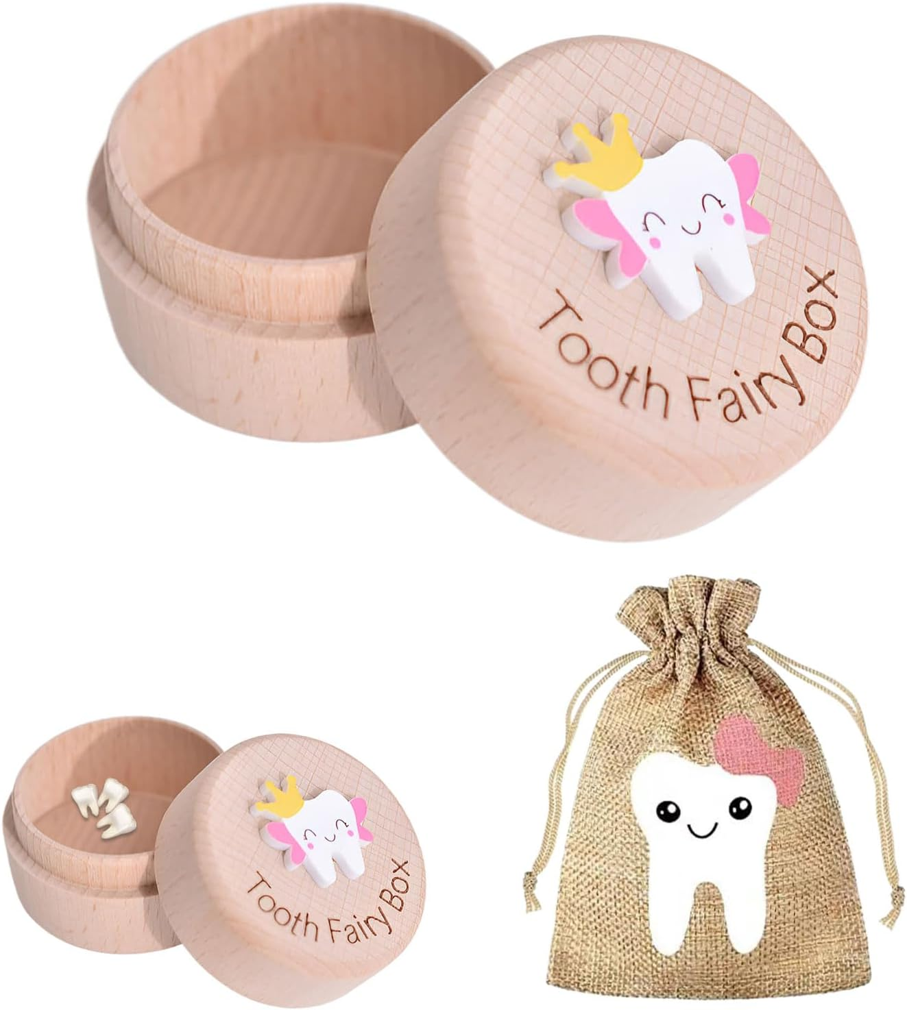 Halit Tooth Fairy Box,1 Pcs Tooth Box with 1Pcs Tooth Fairy Bag, 3D Carved Wooden Tooth Box Keepsake，Tooth Fairy Pouch for Girl,Tooth Holder for Kids Teeth with Tooth Fairy Bag Storage Gift image number 2