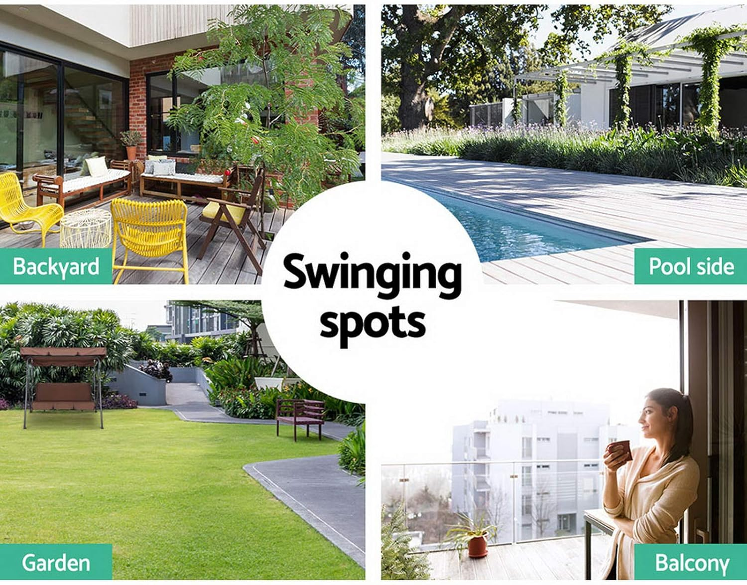 Gardeon Outdoor Swing Chair 3 Seater Grey Garden Bench Hanging Seat, Patio Baconly Furniture Chairs, with Adjustable Canopy Cushions Stand Water Resistant 200Kg Capacity - Beige image number 5