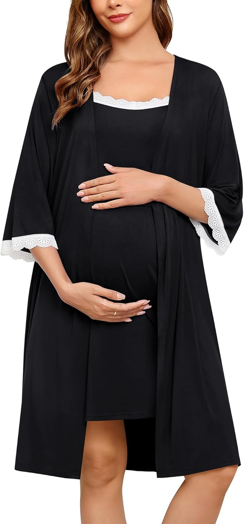 SWOMOG Lace Maternity Nursing Gown and Robe Set Double Layer Labor Delivery Nursing Hospital Nightgowns for Breastfeeding image number 1