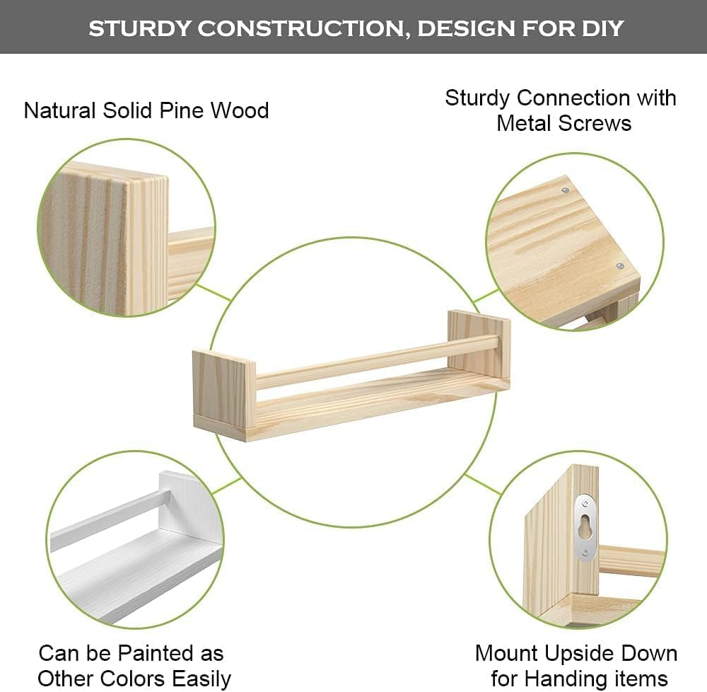 2 Piece Nursery Bookshelf,Childrens Room Floating Bookshelf,Wall Mounted Floating Bookshelf,Solid Nursery Bookshelf,Kitchen Bedroom Living Room Spice,Small Objects Placement Shelf(Natural Wood) image number 5