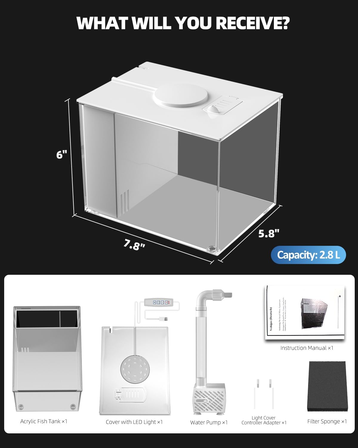 Vehipa 2.9L (0.78 Gal) Betta Fish Aquarium, Acrylic Small Fish Tank Kit with Water Filter Pump & LED Light, Ideal for Small Fish, Plants and Shrimp, White image number 4