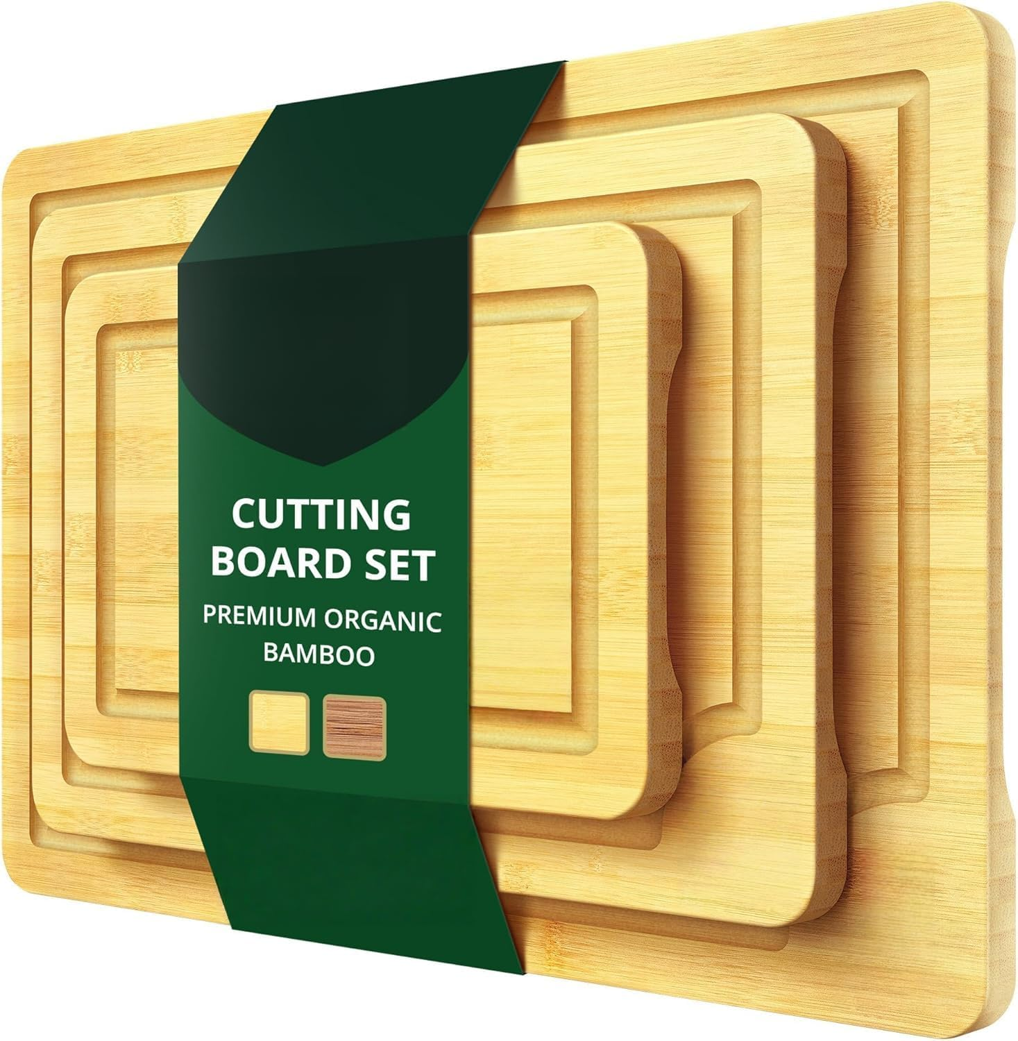 Wooden Cutting Boards for Kitchen Meal Prep & Serving - Bamboo Wood Serving Board Set with Deep Juice Groove Side Handles - Charcuterie & Chopping Butcher Block for Meat (Natural) image number 1