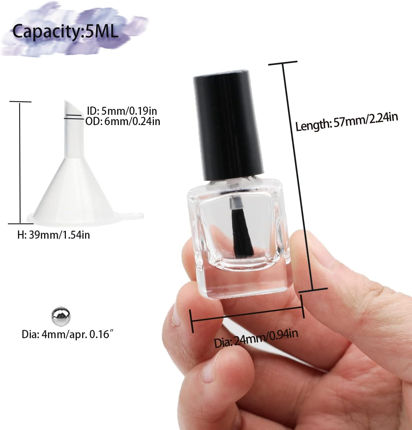 Agidea 6PCS Empty Nail Polish Bottles with Funnel, Empty Fingernail Polish Bottles Glass Rectangle with Brush & Mixing Balls Black (5ML) image number 1