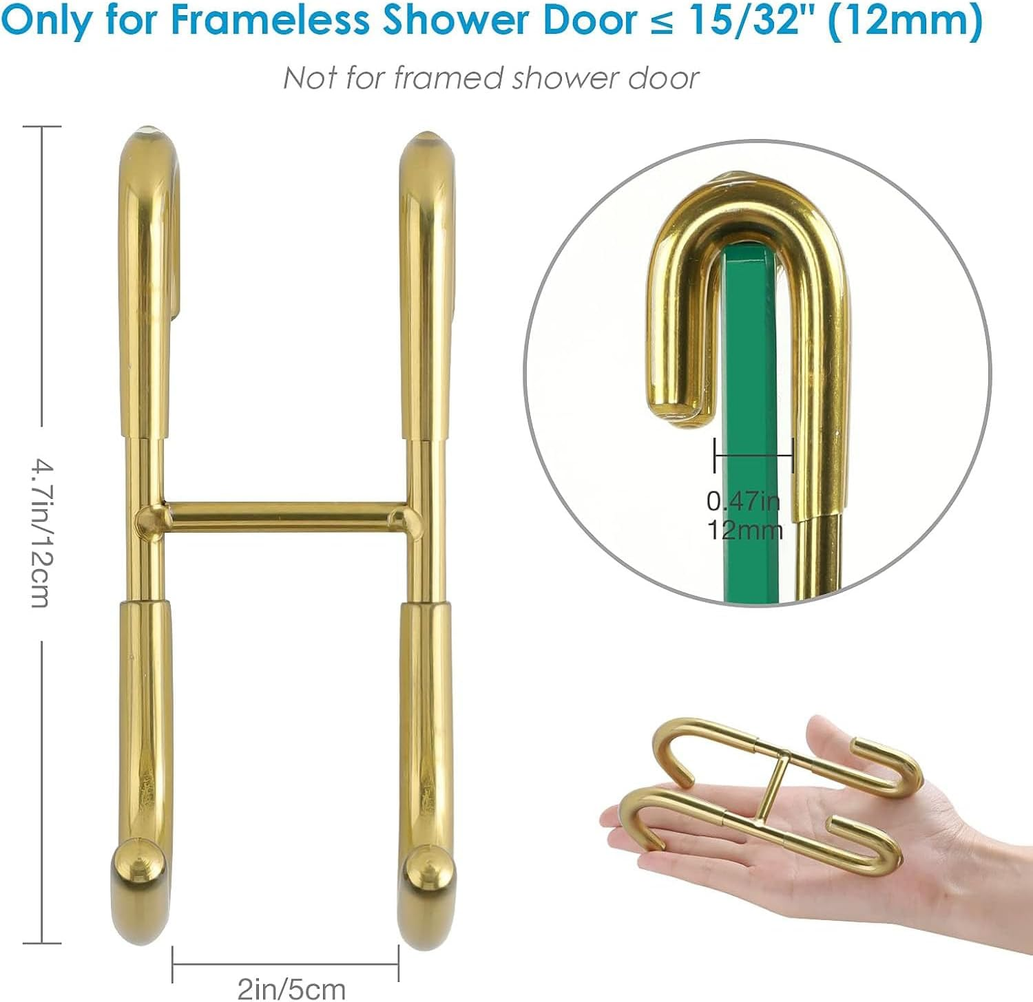 Over Shower Glass Door Hook, 2 Pack 304 Stainless Steel Extended Shower Door Hooks, Bathroom Frameless Drilling-Free Hanger, Double Side Towel Hooks, for Bathing Suits, Robe, Loofah, Shaver (Gold) - Gold image number 3