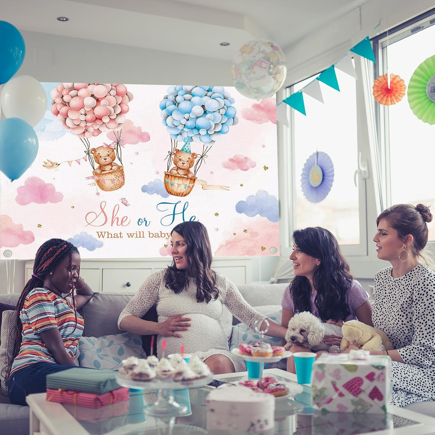 Pink and Blue Gender Reveal Backdrop She or He Background Banner Gender Reveal Party Decoration Lovely Balloon Cloud Bear Pregnancy Announcement Backdrop for Baby Shower Decoration 180 * 120Cm (A) image number 5