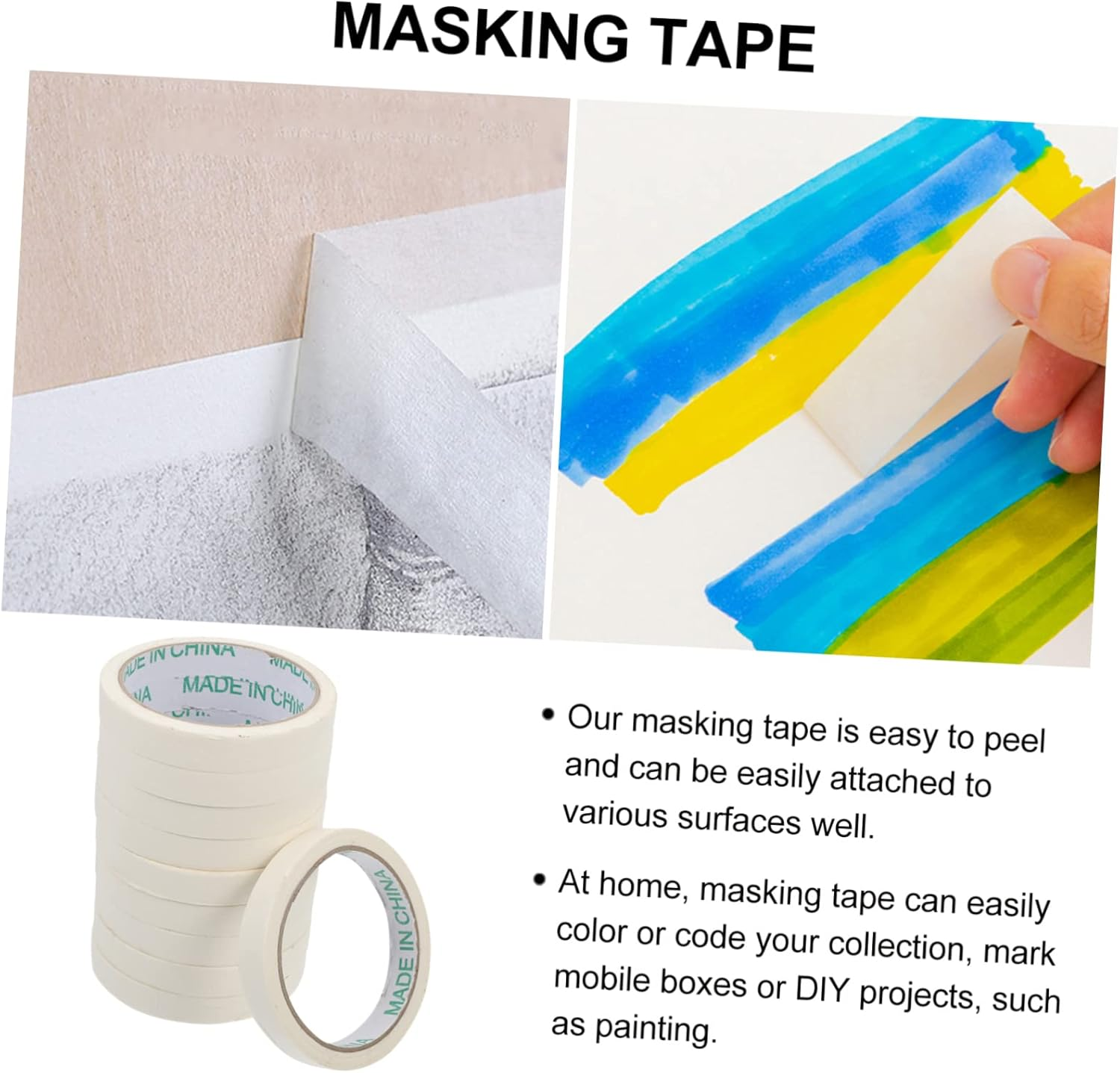 10Pcs Single Side Crepe Masking Tape Easy-Tear Adhesive Paper for Spray Spraying and Home Use No Residue Hand-Tearable Repositionable image number 5