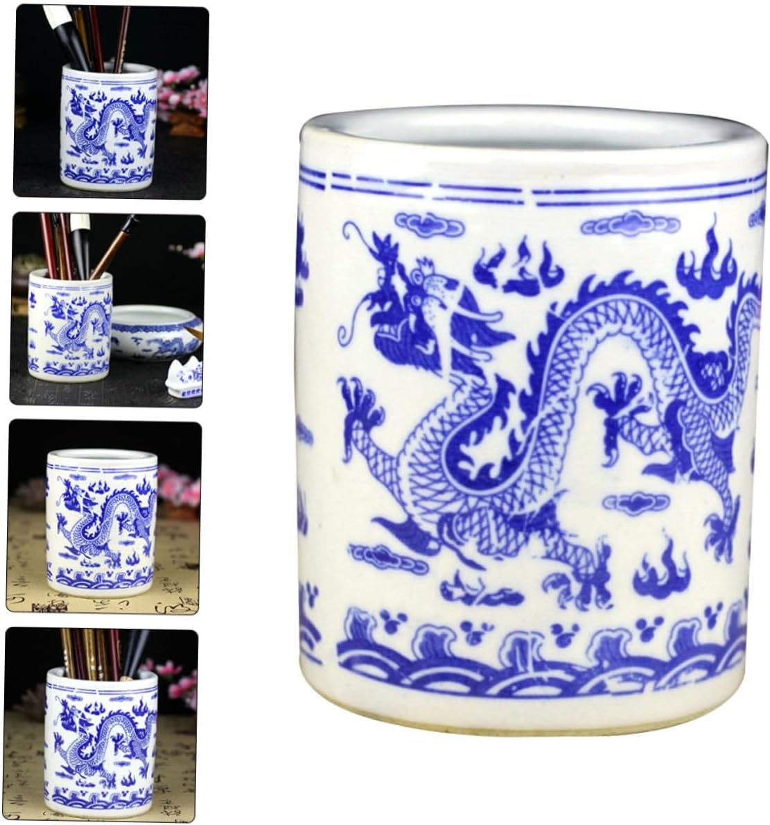 TEHAUX Blue and White Porcelain Pen Holder Ceramic Retro Writing Supply Antique Decor for Desk Storage Box Lid image number 2