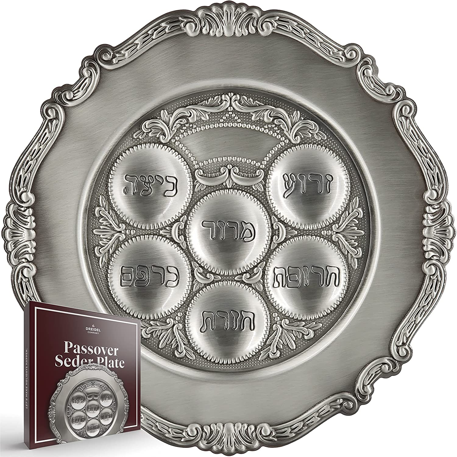 The Dreidel Company Lowest Priced Traditional Passover Seder Plate 12", Traditional Judaica Passover Seder Plate, Kaarah for Pesach (Single, Traditional Pewter)