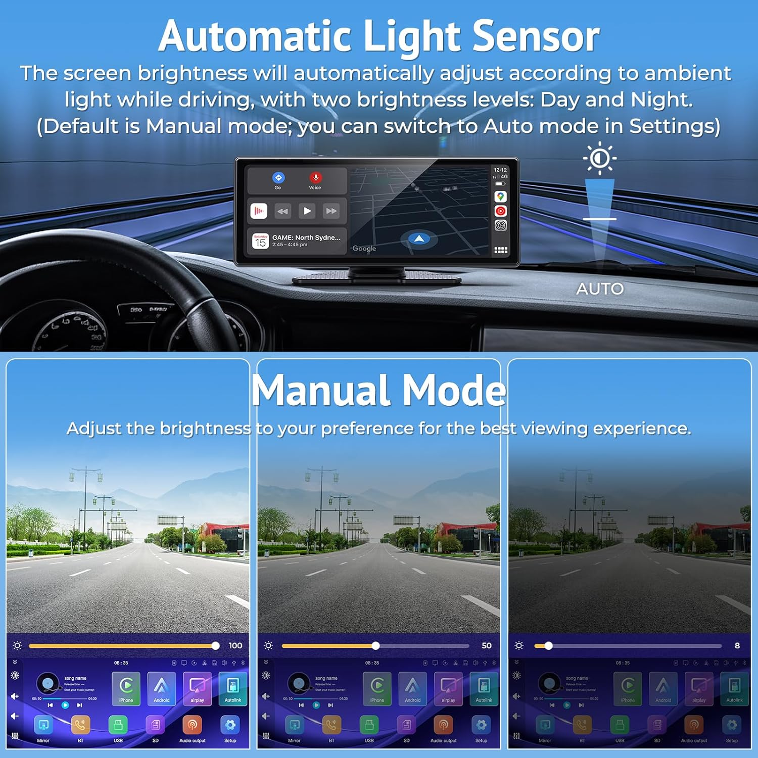 10.26" Carplay Screen for Wireless/Wired A-Pple Carplay,Android Auto and Mirror Link,Ips Car Play Touch Screen Car Stereo with Light Sensitive,Bluetooth Audio,Siri/G00Gle Assistant image number 3