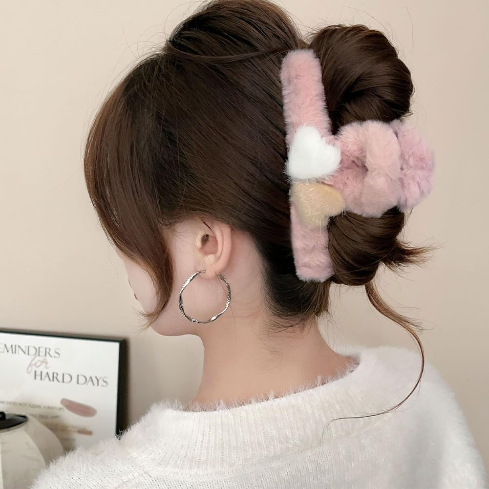 Cutitiuu 2 PCS Large Faux Fur Hair Claw Clip,Plush Heart-Shaped Grabber,Plush Hair Clips Fluffy Grab Clips Large Furry Shark Clips, Fluffy Fleece Catch Barrette Jaw Clamp (White + Pink) image number 4